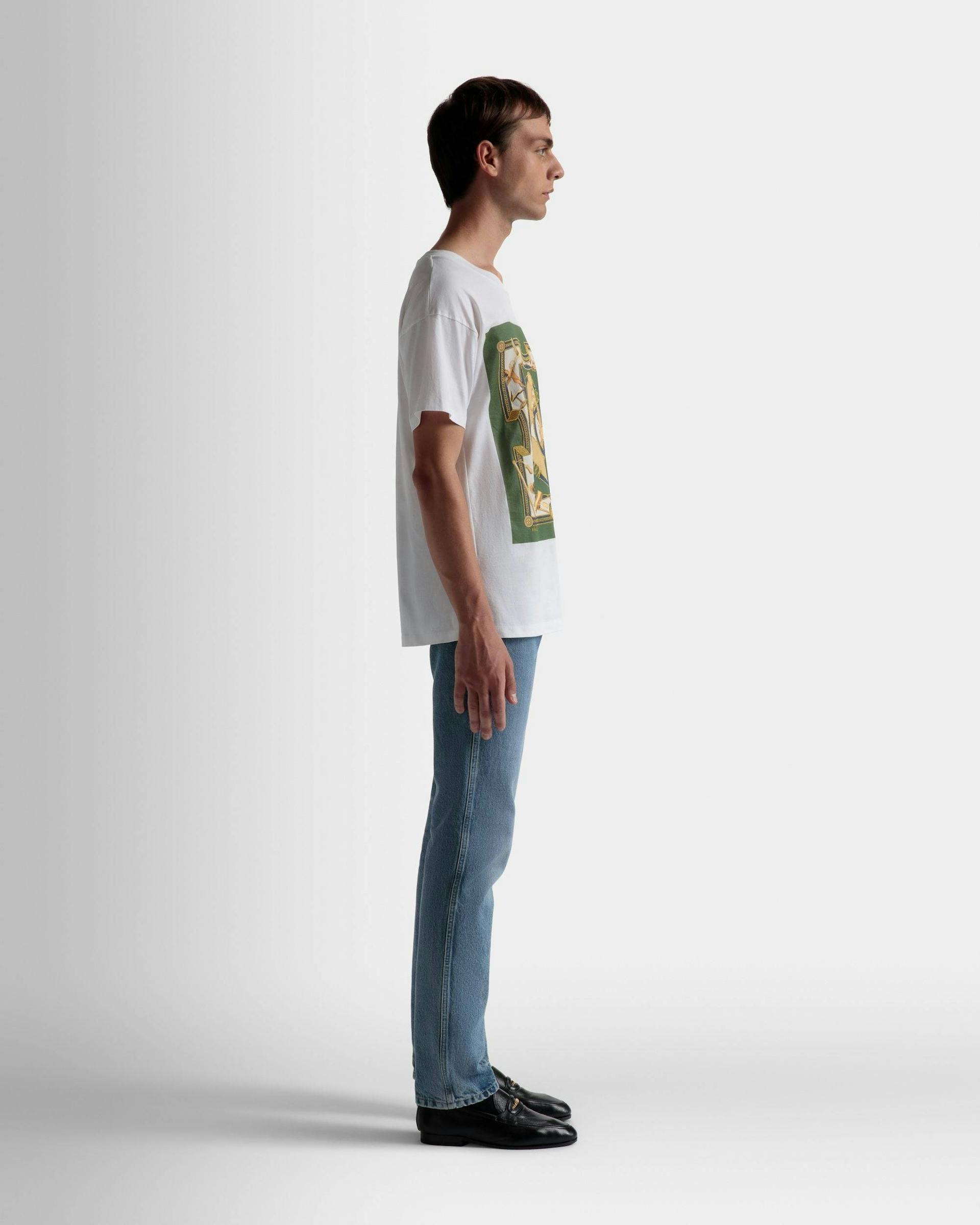 Men's Printed T-Shirt In White Cotton | Bally | On Model 3/4 Front