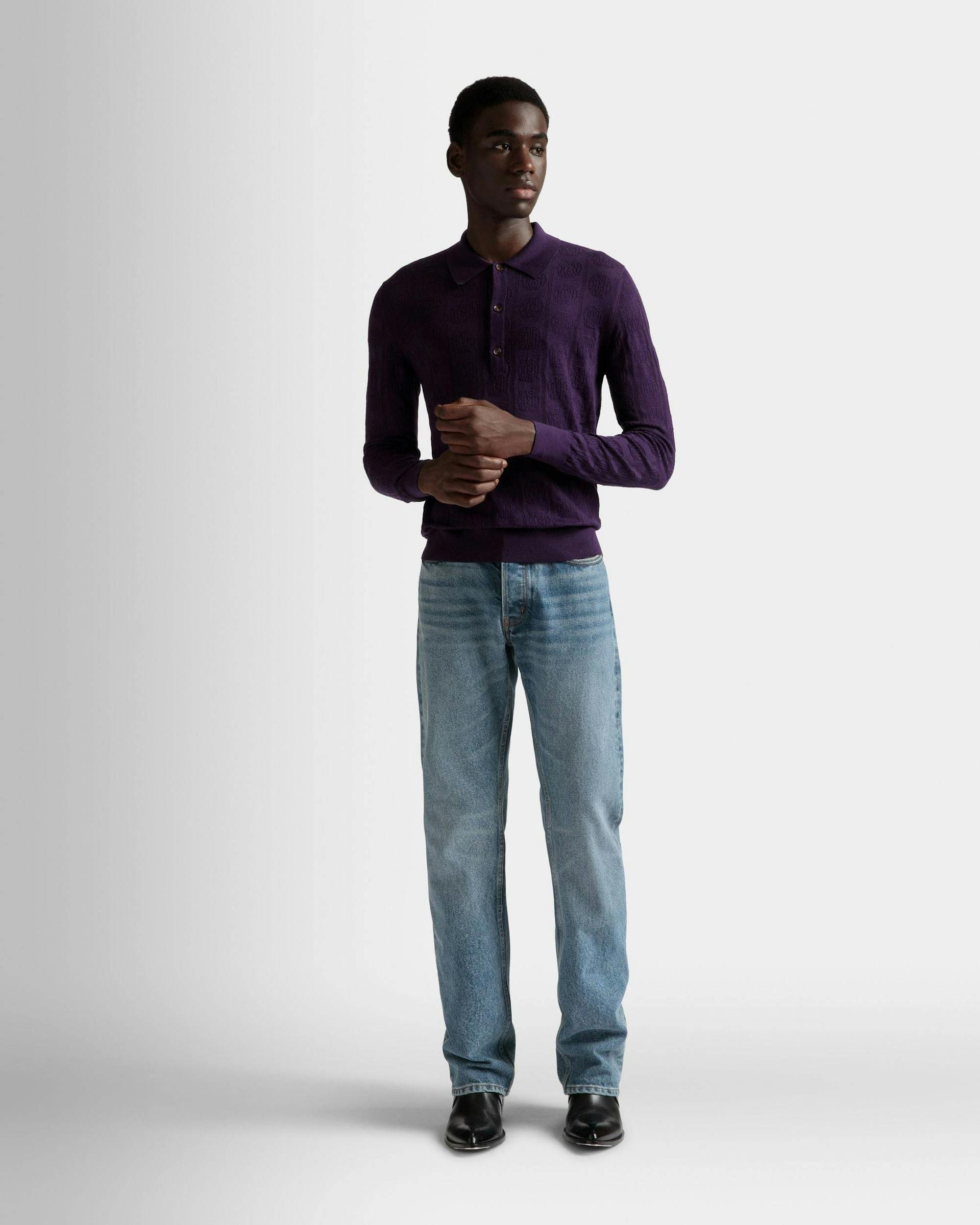 Men's Long Sleeve Polo In Orchid Wool | Bally | On Model Front