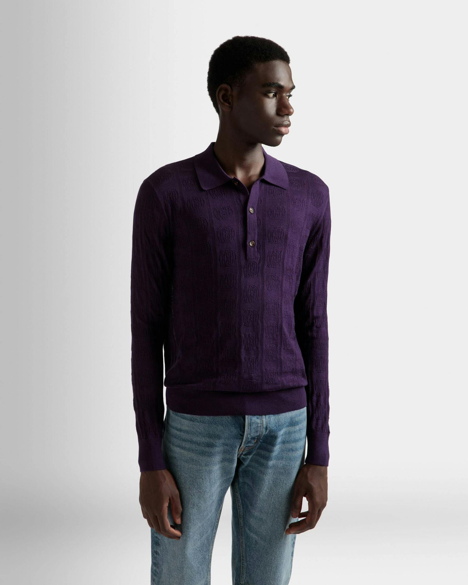 Men's Long Sleeve Polo In Orchid Wool | Bally | On Model Close Up