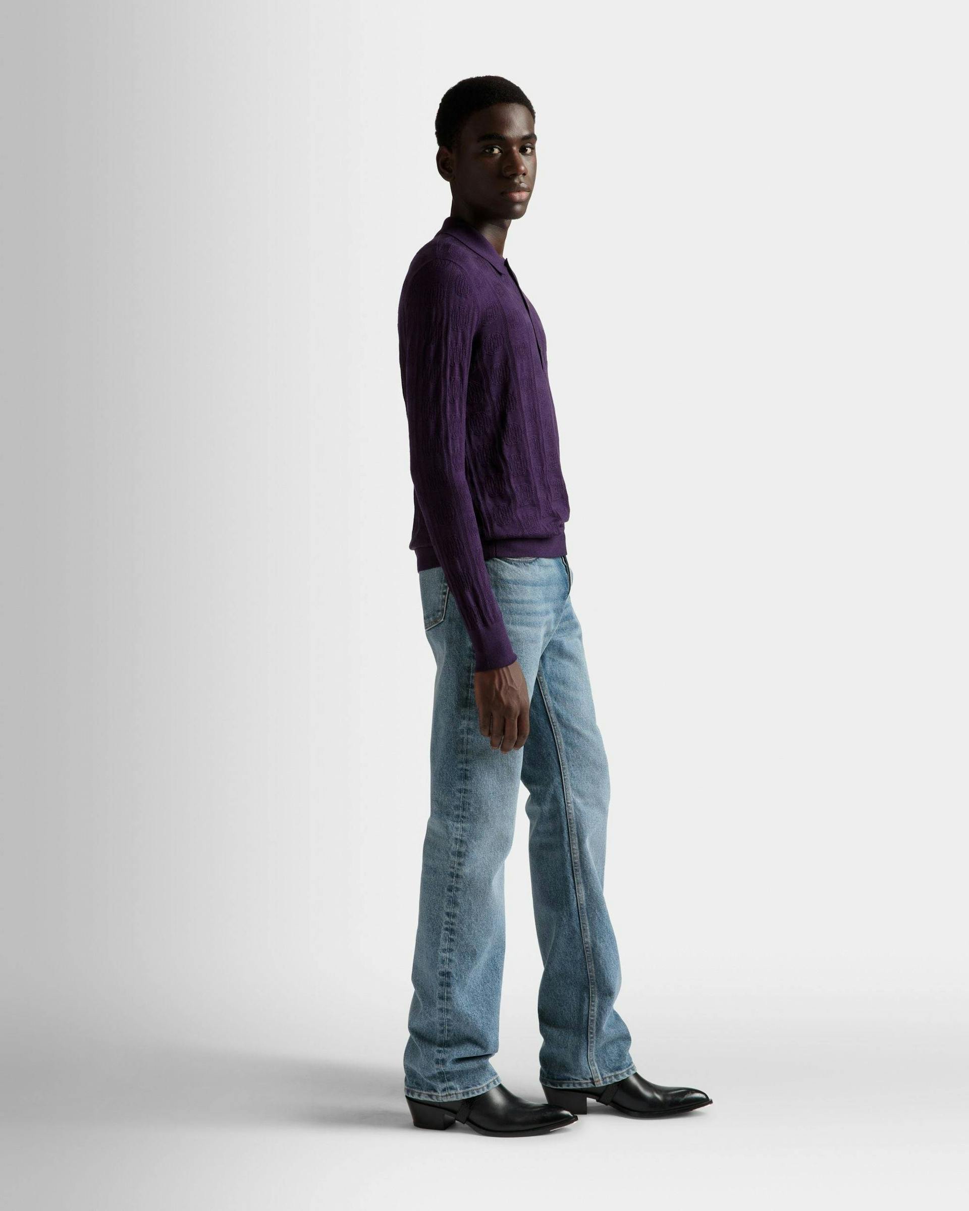 Men's Long Sleeve Polo In Orchid Wool | Bally | On Model 3/4 Front