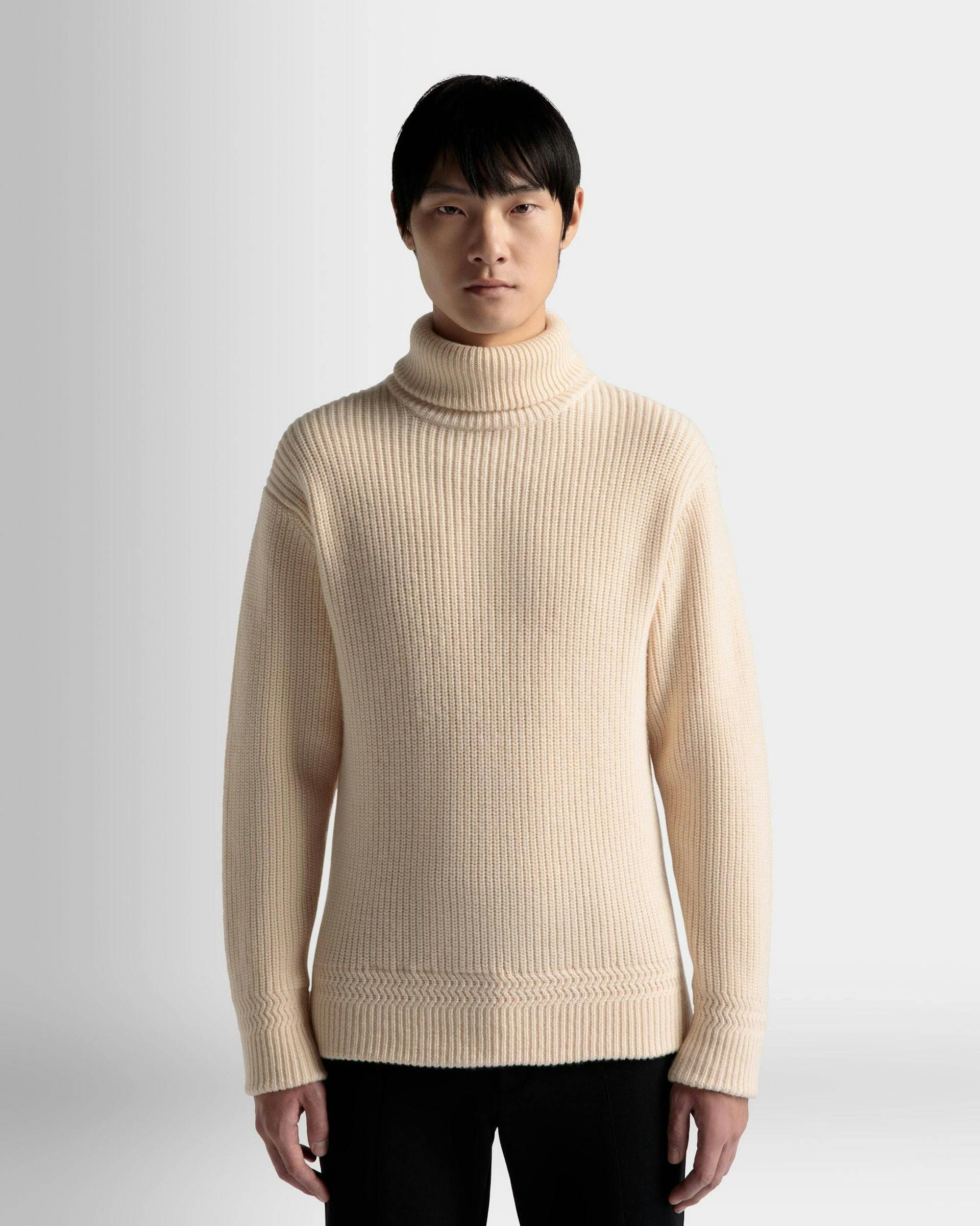 Men's Turtleneck Sweater In Beige Wool | Bally | On Model Close Up