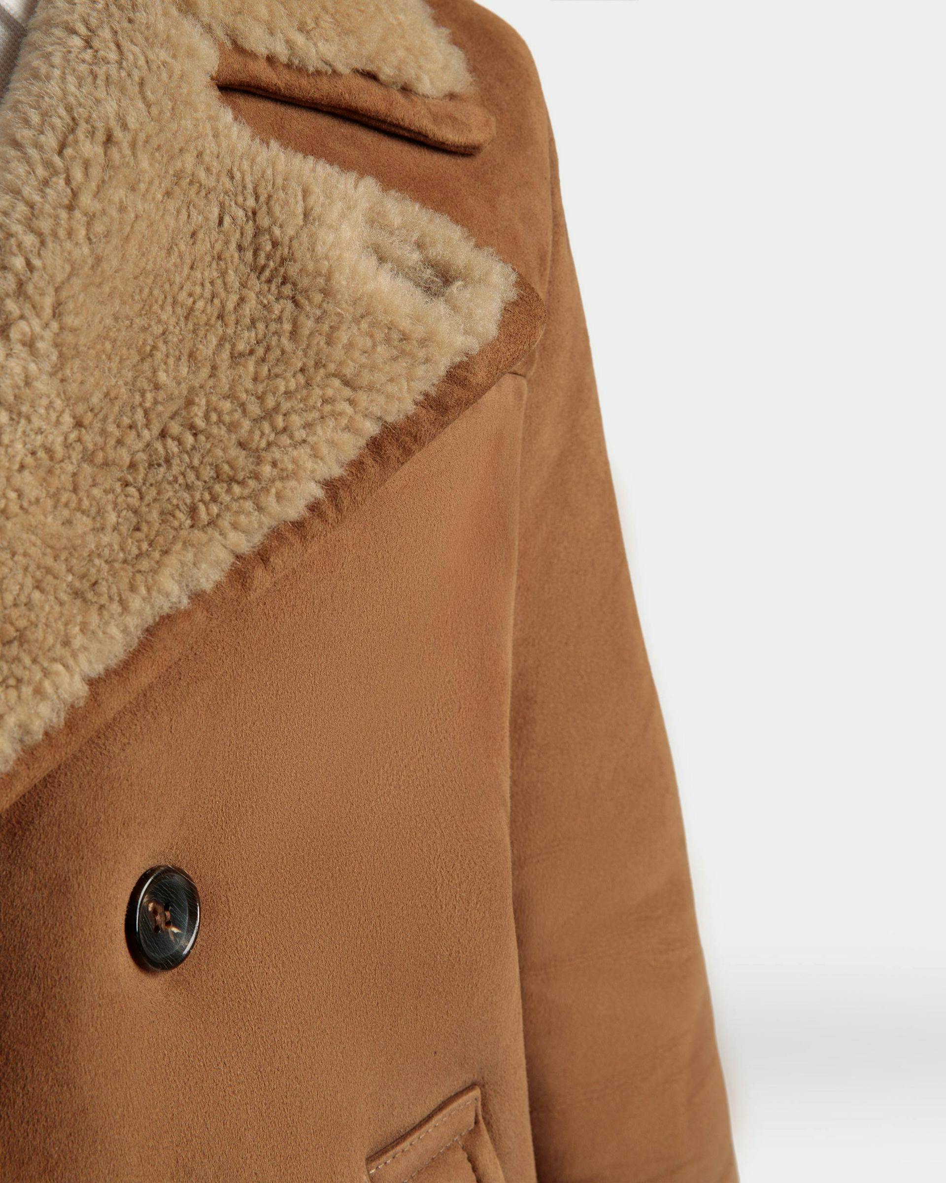Men's Double Breasted Shearling Coat In Brown Suede | Bally | On Model Detail