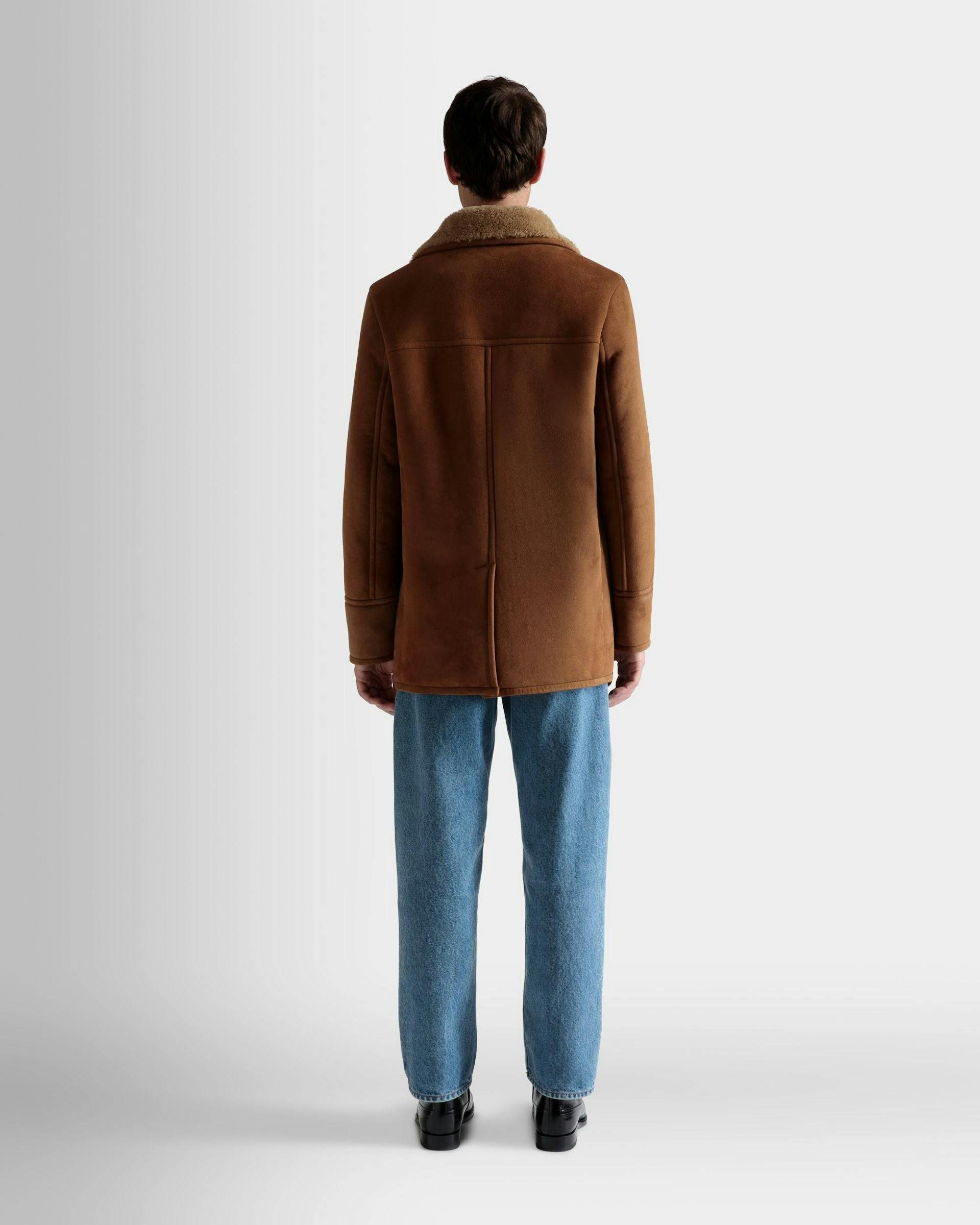 Men's Double Breasted Shearling Coat In Brown Suede | Bally | On Model Back