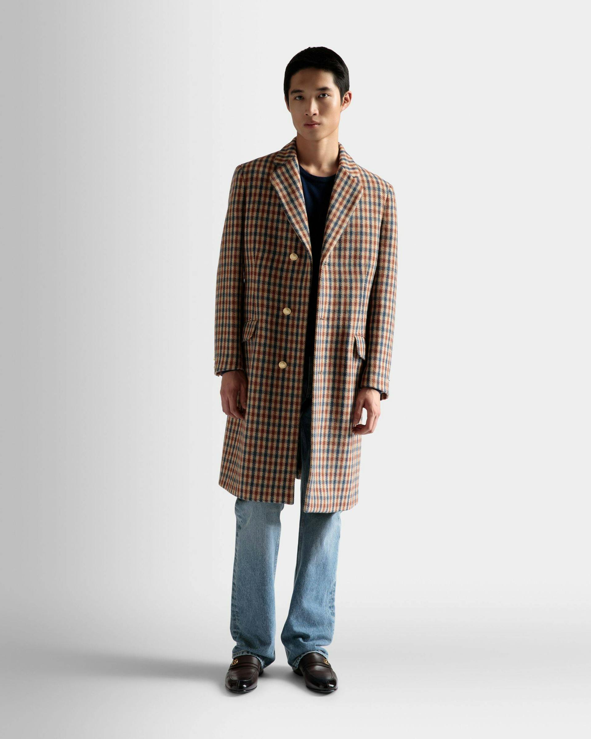 Men's Checked Coat In Brown Wool Mix | Bally | On Model Front