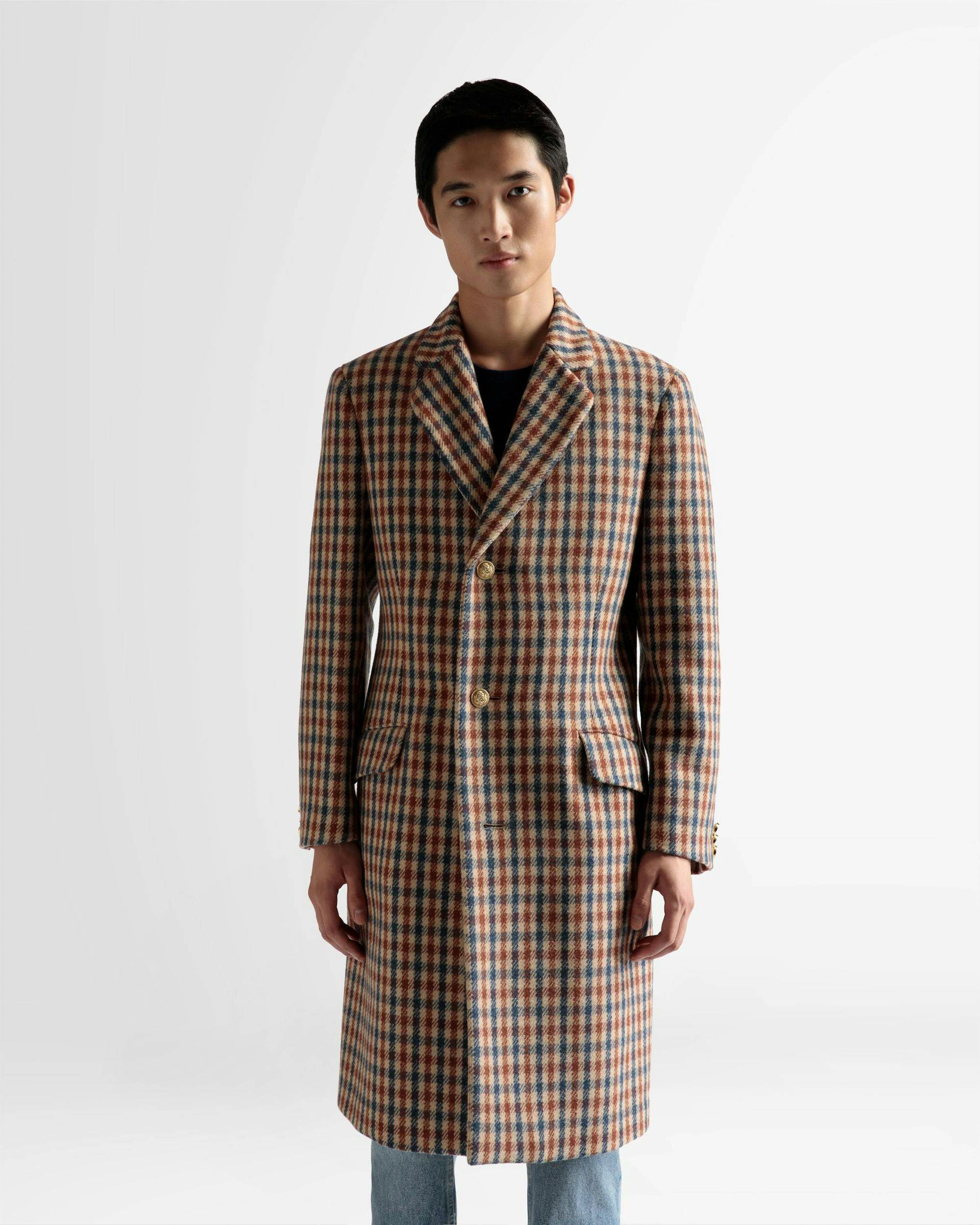 Men's Checked Coat In Brown Wool Mix | Bally | On Model Close Up