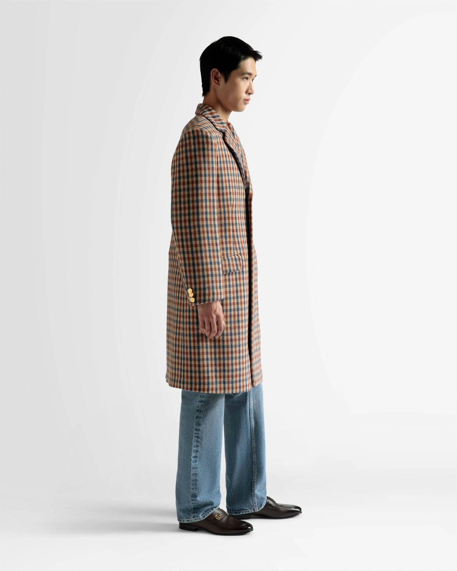 Men's Checked Coat In Brown Wool Mix | Bally | On Model 3/4 Front