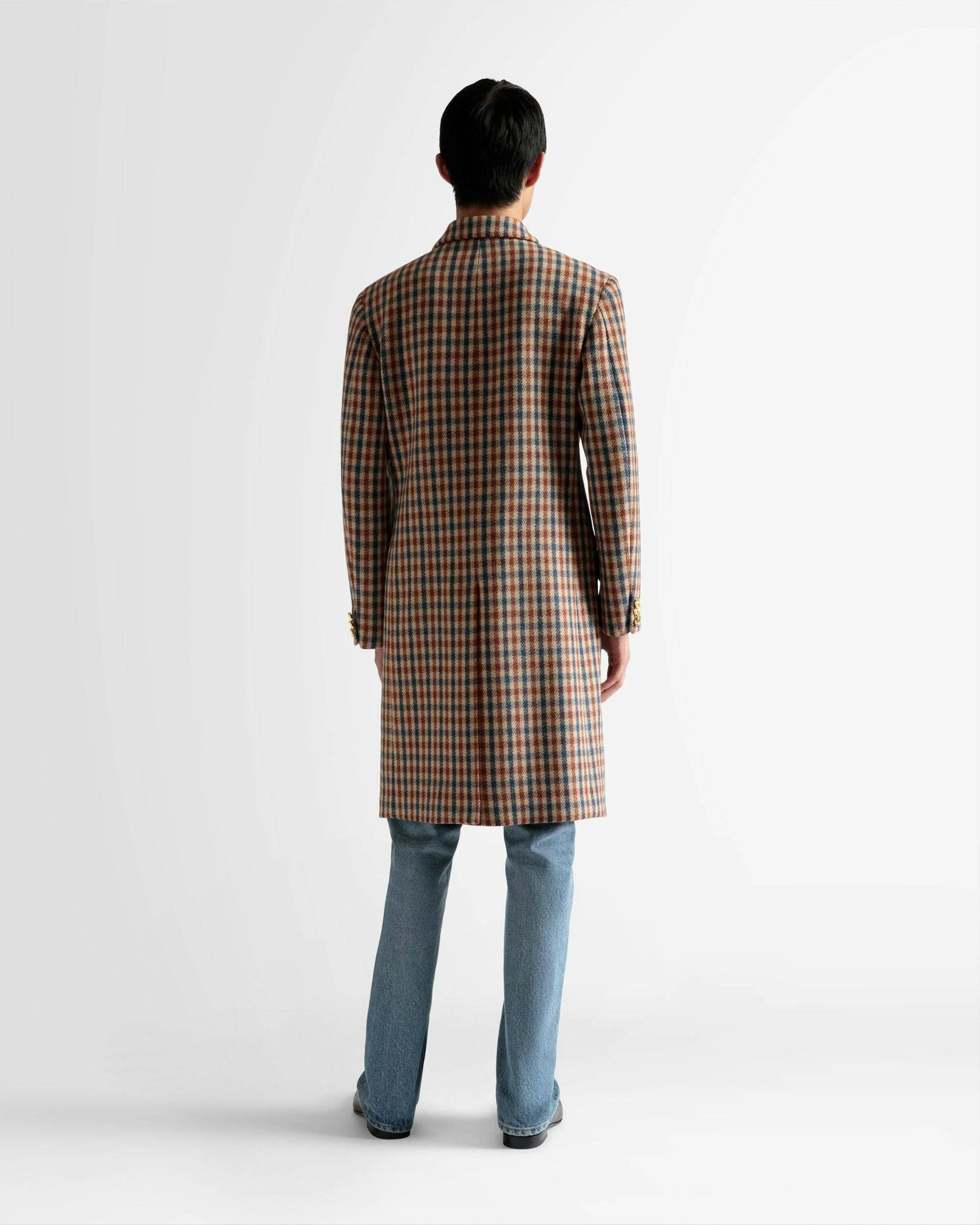 Men's Checked Coat In Brown Wool Mix | Bally | On Model Back