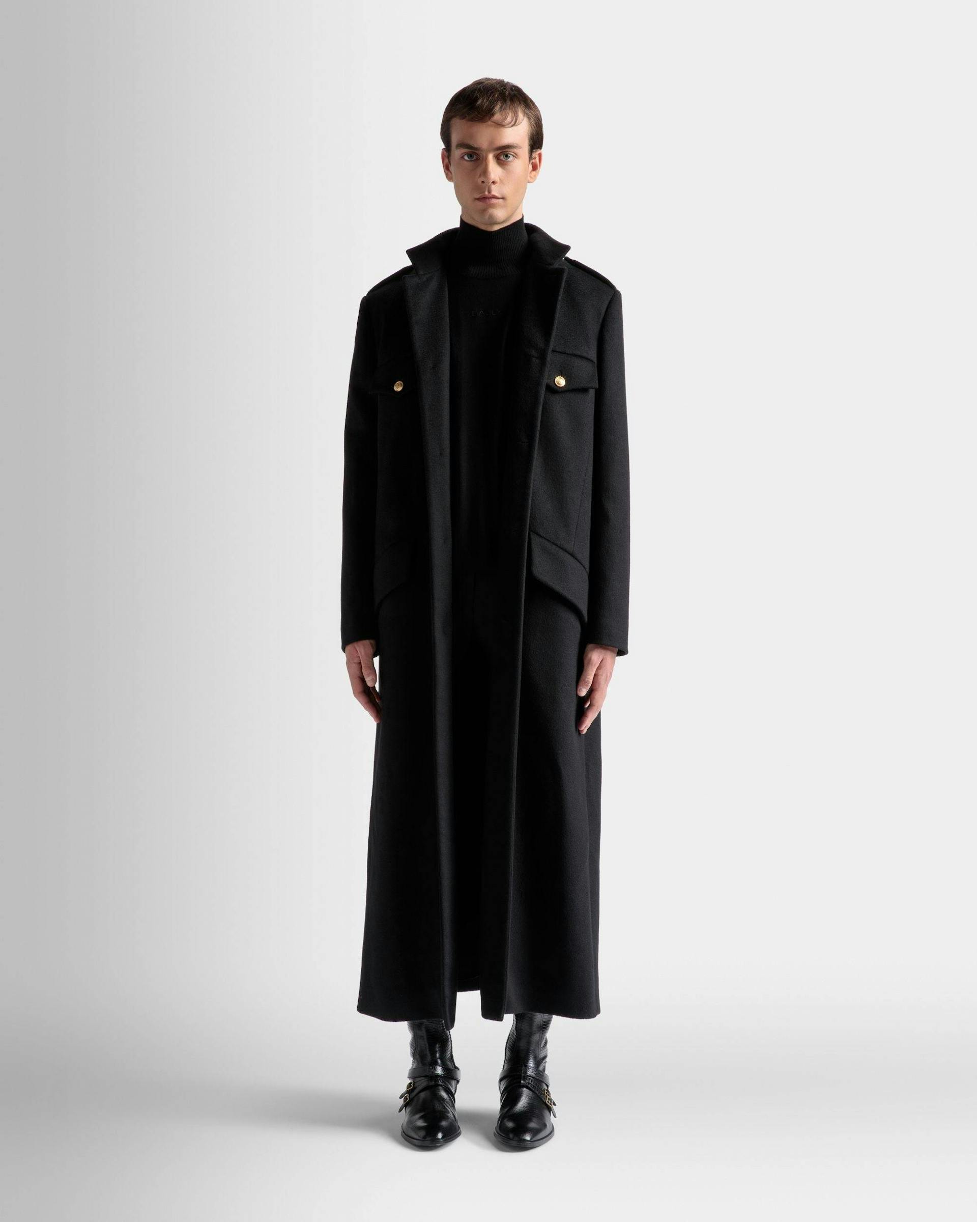 Men's Long Utility Coat In Black Wool | Bally | On Model Front