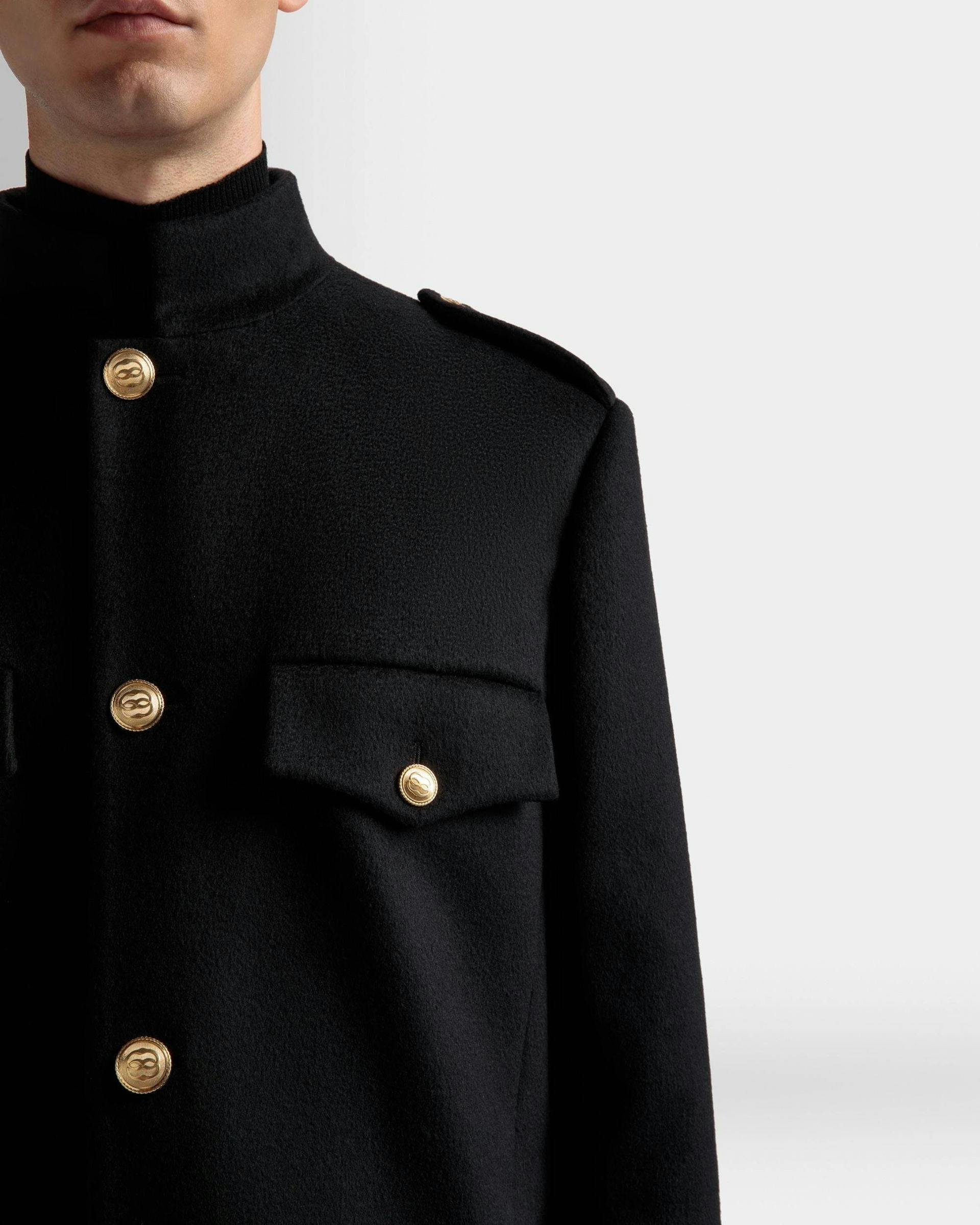 Men's Long Utility Coat In Black Wool | Bally | On Model Detail