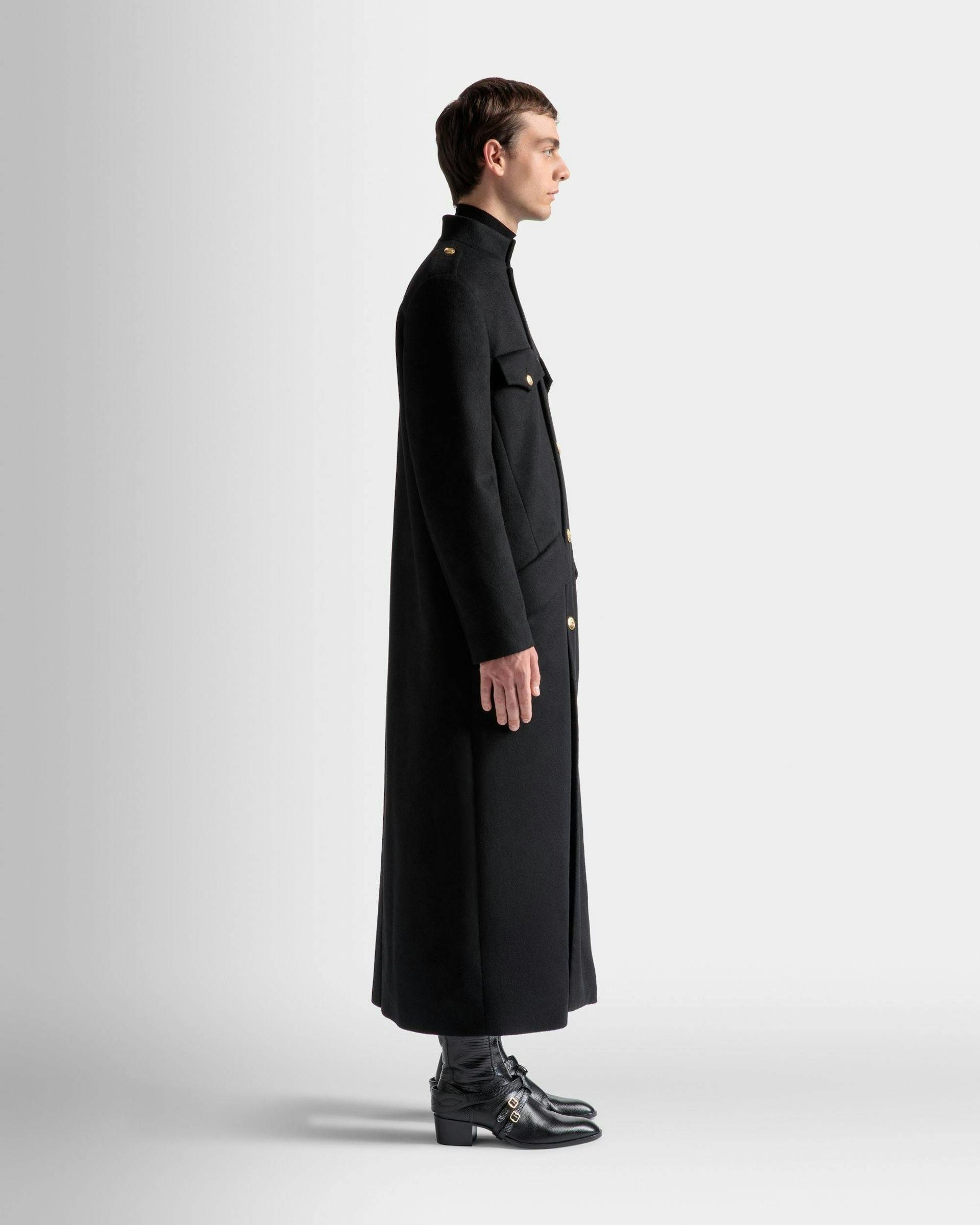 Men's Long Utility Coat In Black Wool | Bally | On Model 3/4 Front