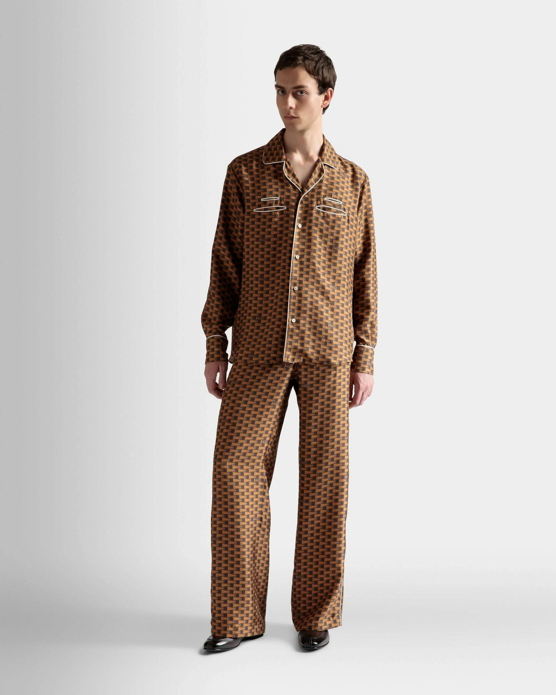 Men's Pennant Print Shirt In Brown Silk | Bally | On Model Front