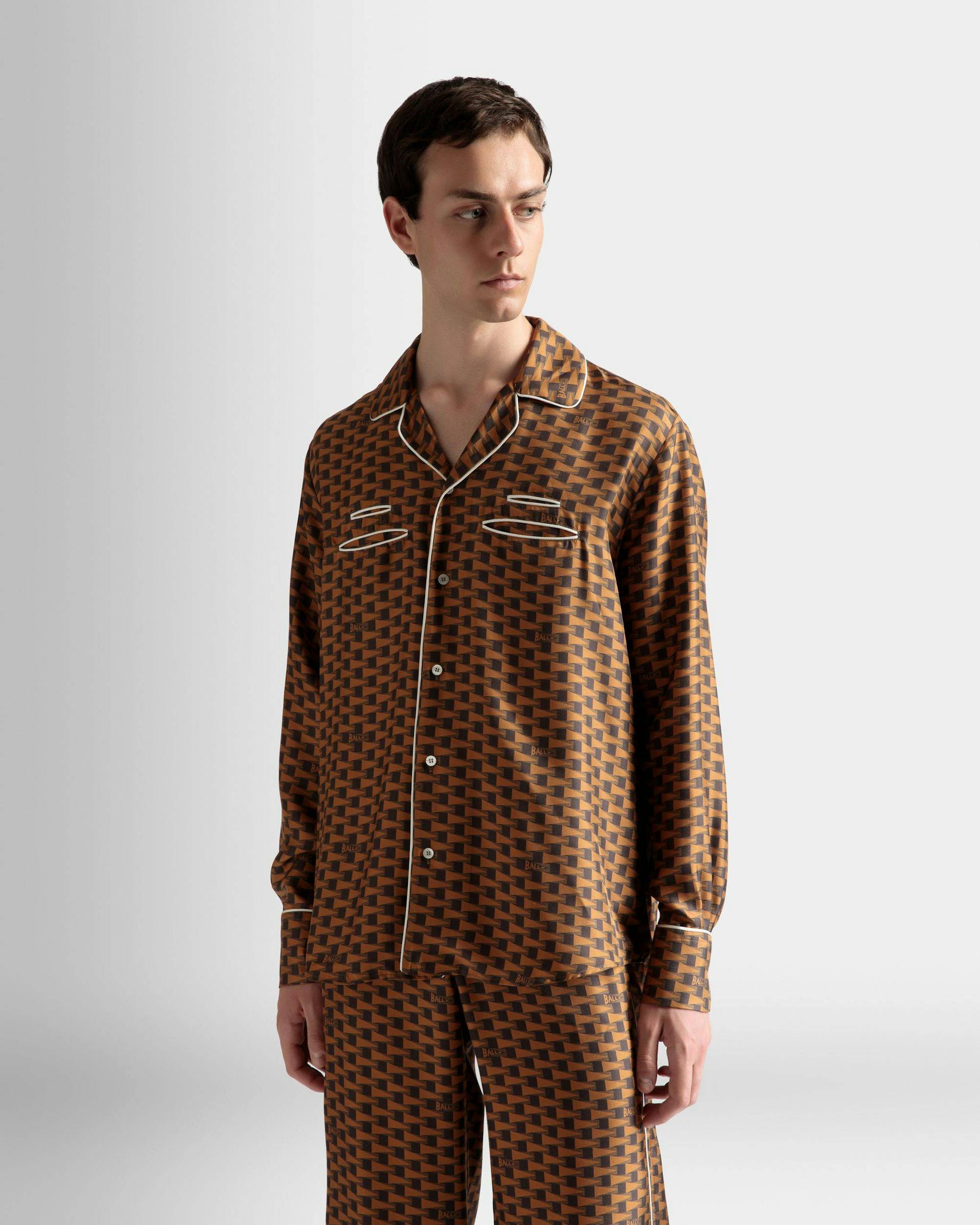 Men's Pennant Print Shirt In Brown Silk | Bally | On Model Close Up