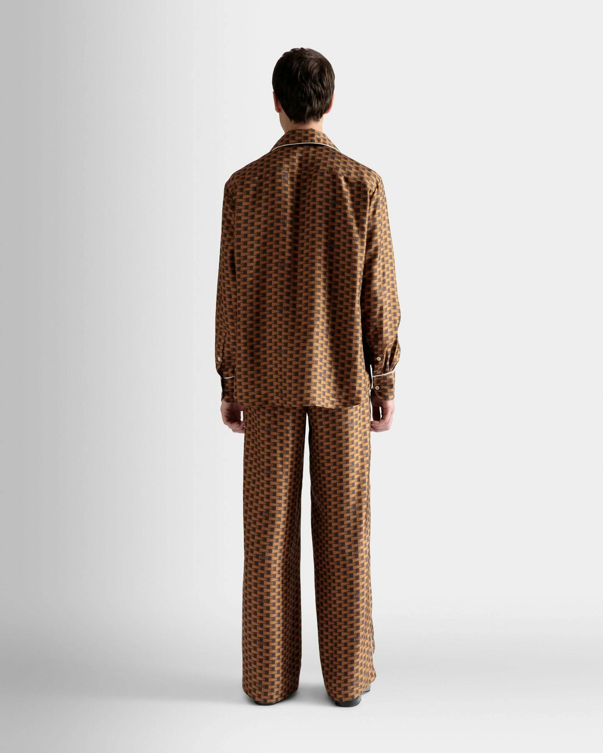 Men's Pennant Print Shirt In Brown Silk | Bally | On Model Back