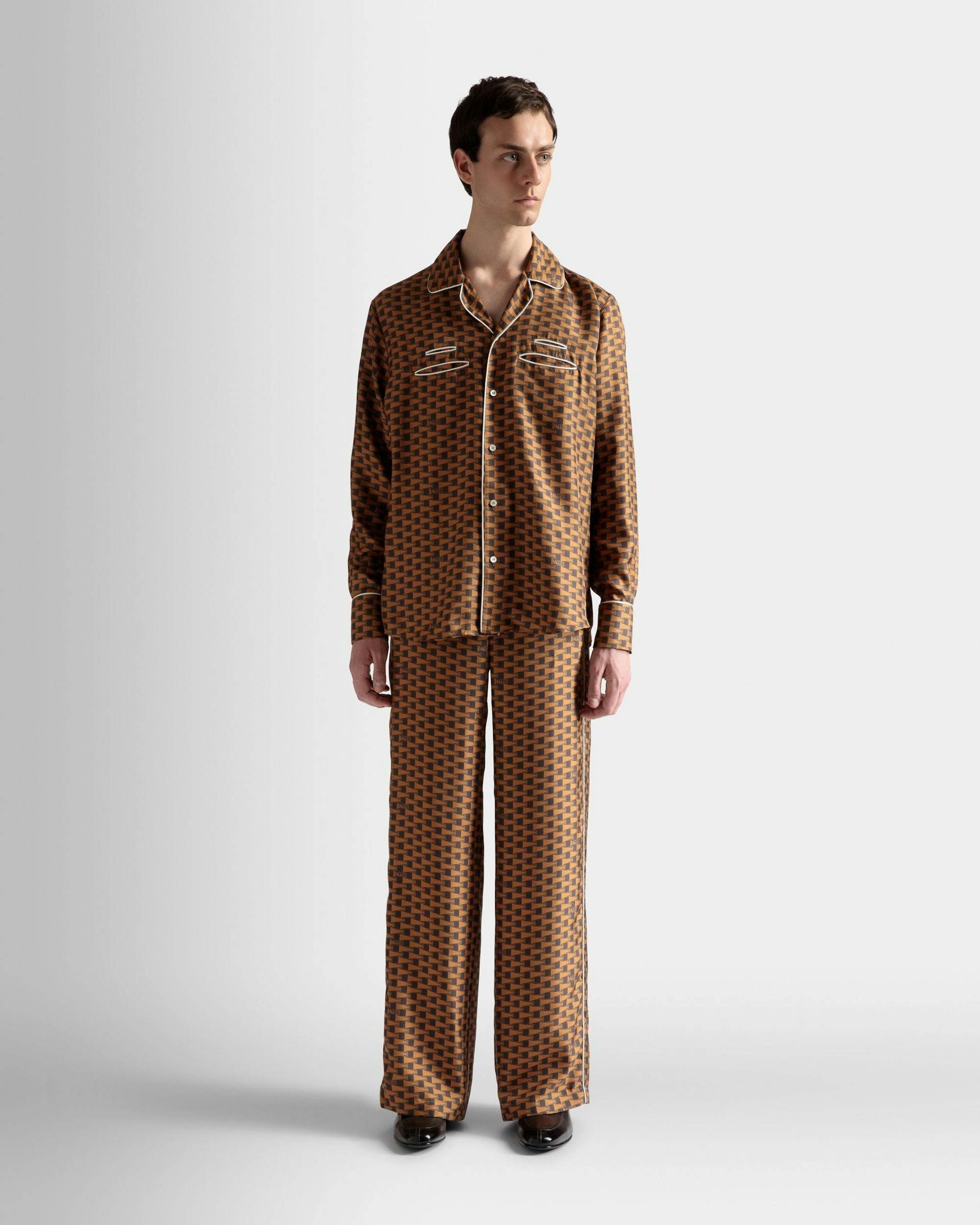 Men's Pennant Print Pants In Brown Silk | Bally | On Model Front