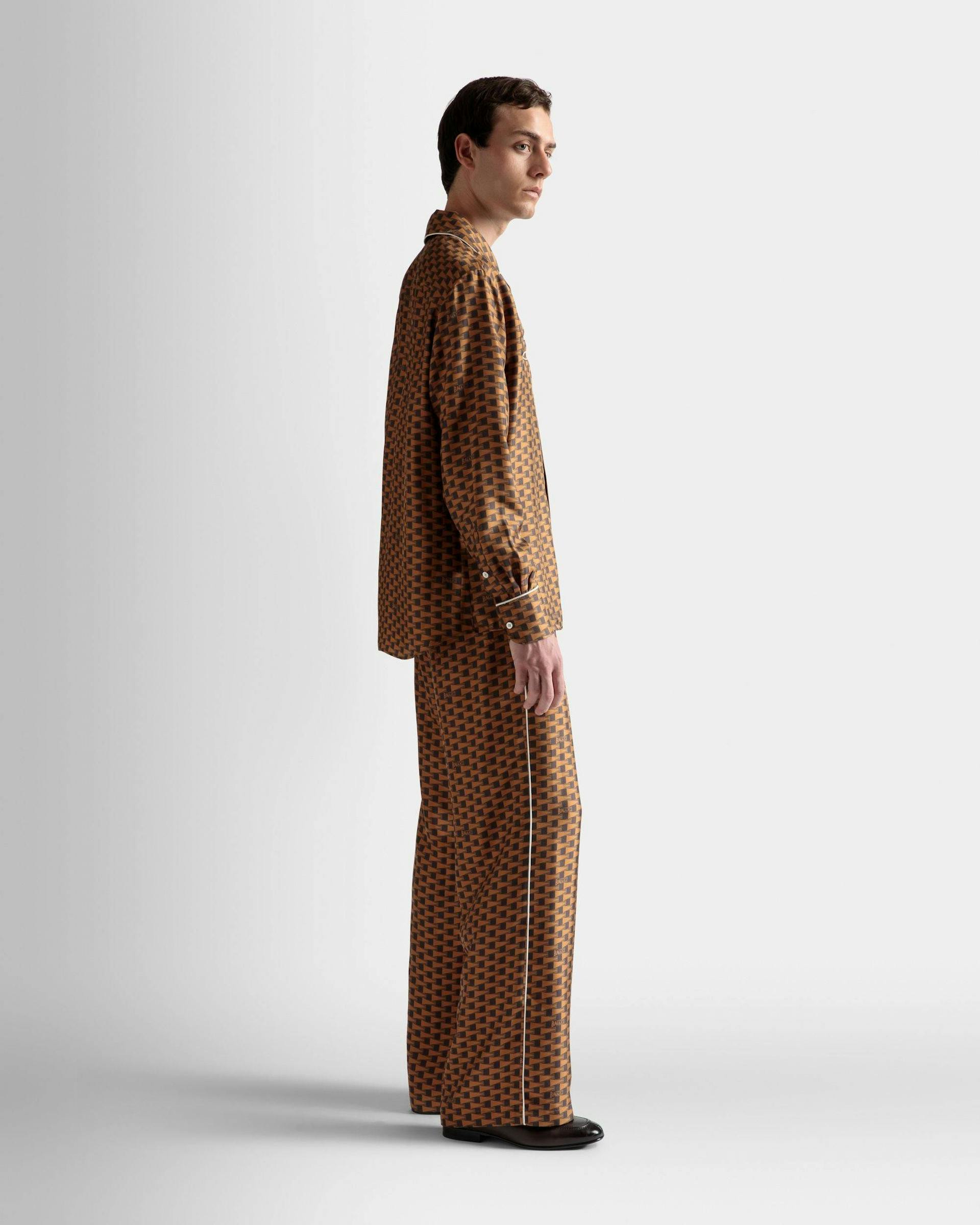 Men's Pennant Print Pants In Brown Silk | Bally | On Model 3/4 Front