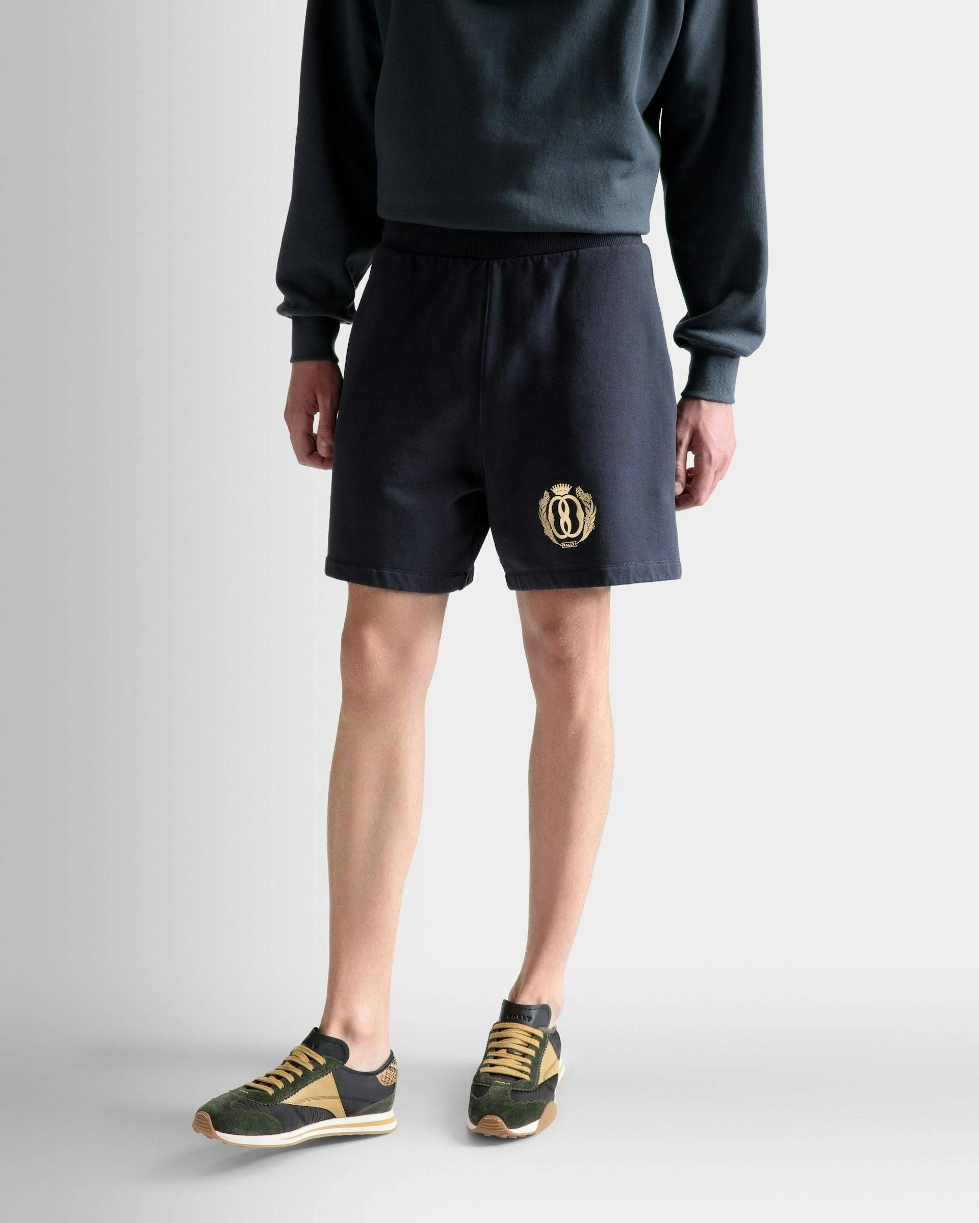 Men's Sweatpant Shorts In Midnight Cotton | Bally | On Model Close Up