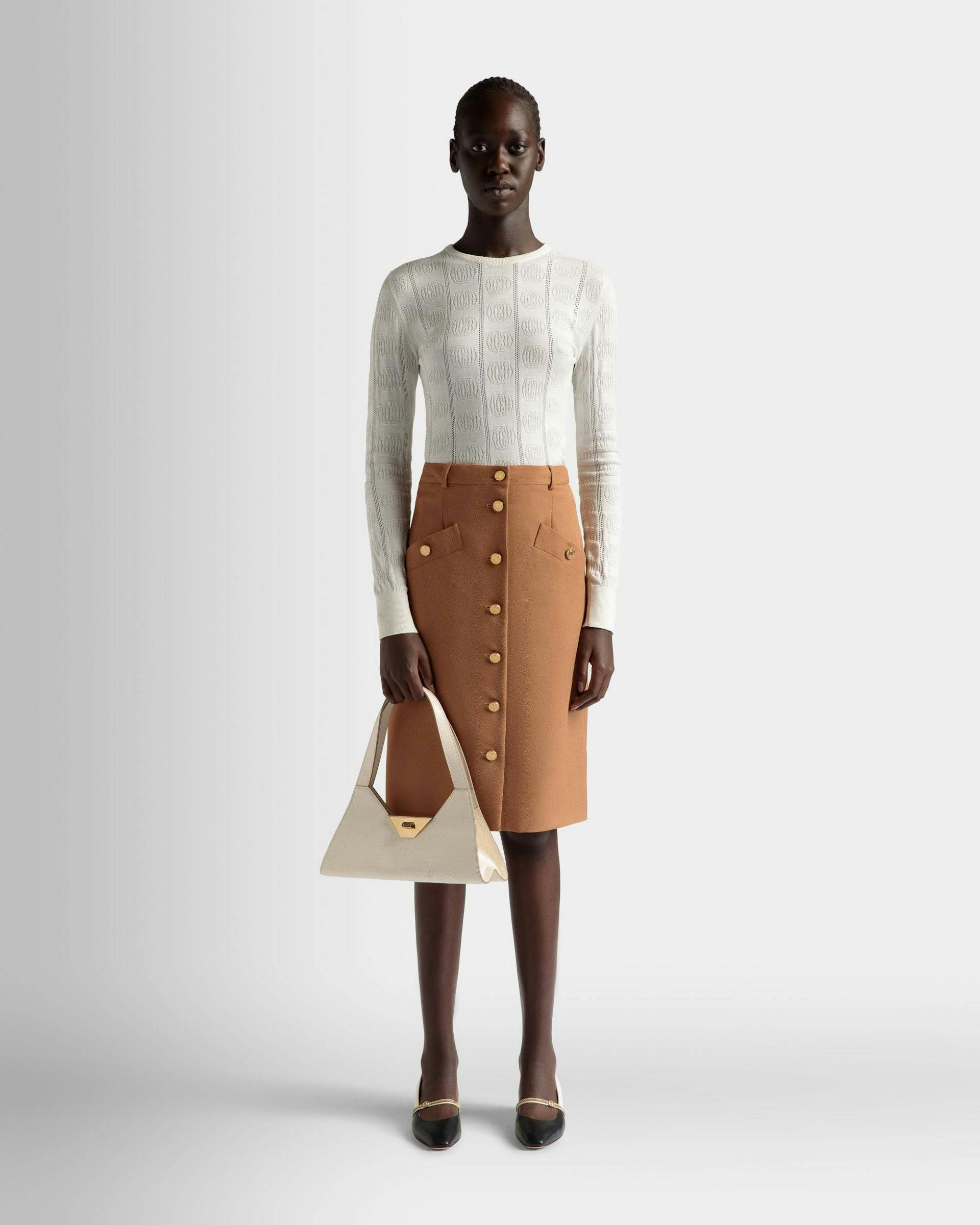 Women's Tilt Small Shoulder Bag In White Crocodile Print Leather | Bally | On Model Front