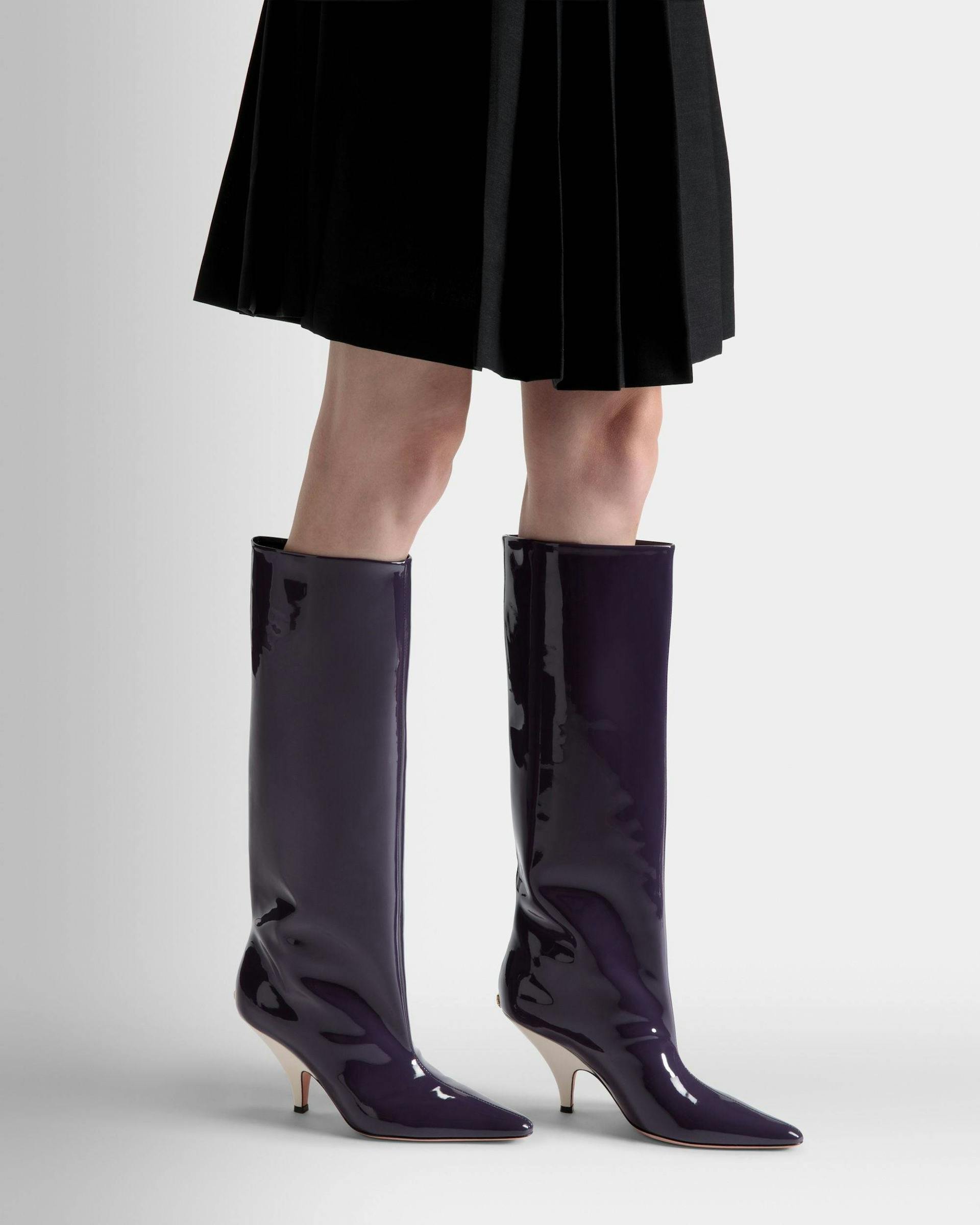 Women's Katy Long Boots In Orchid Leather | Bally | On Model Close Up