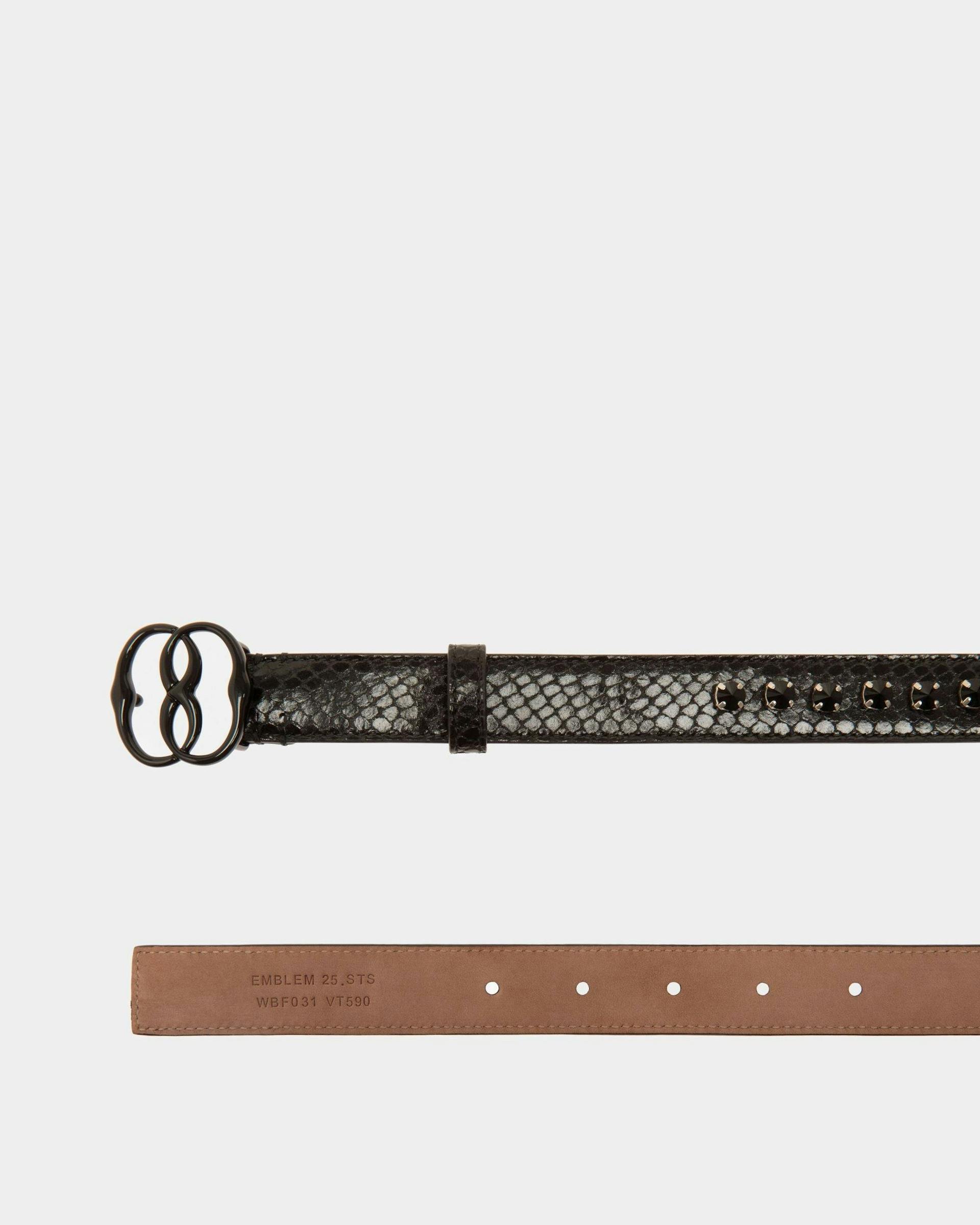 Women's Emblem 25mm Belt in Black Python Printed Leather | Bally | Still Life Detail