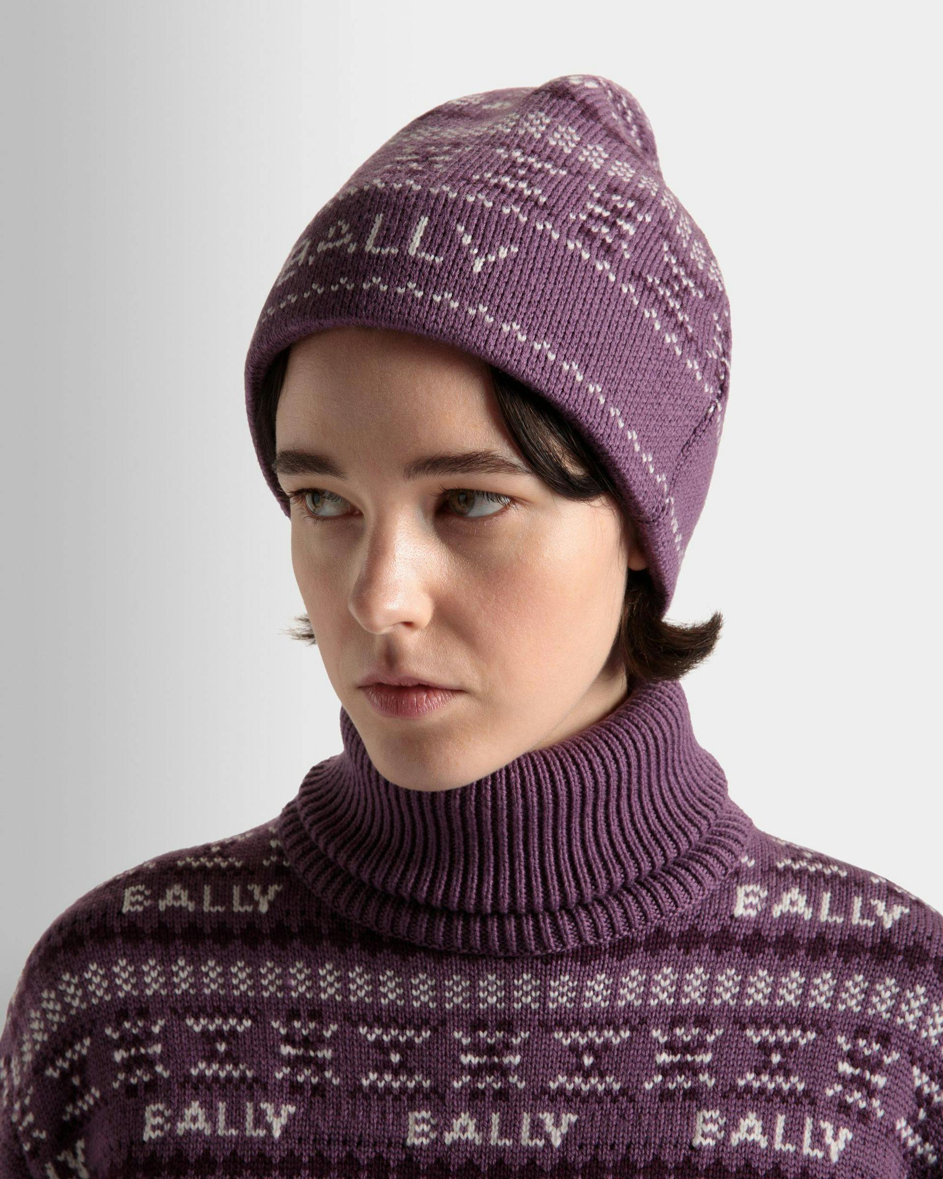Women's Beanie In Purple Wool | Bally | On Model Front