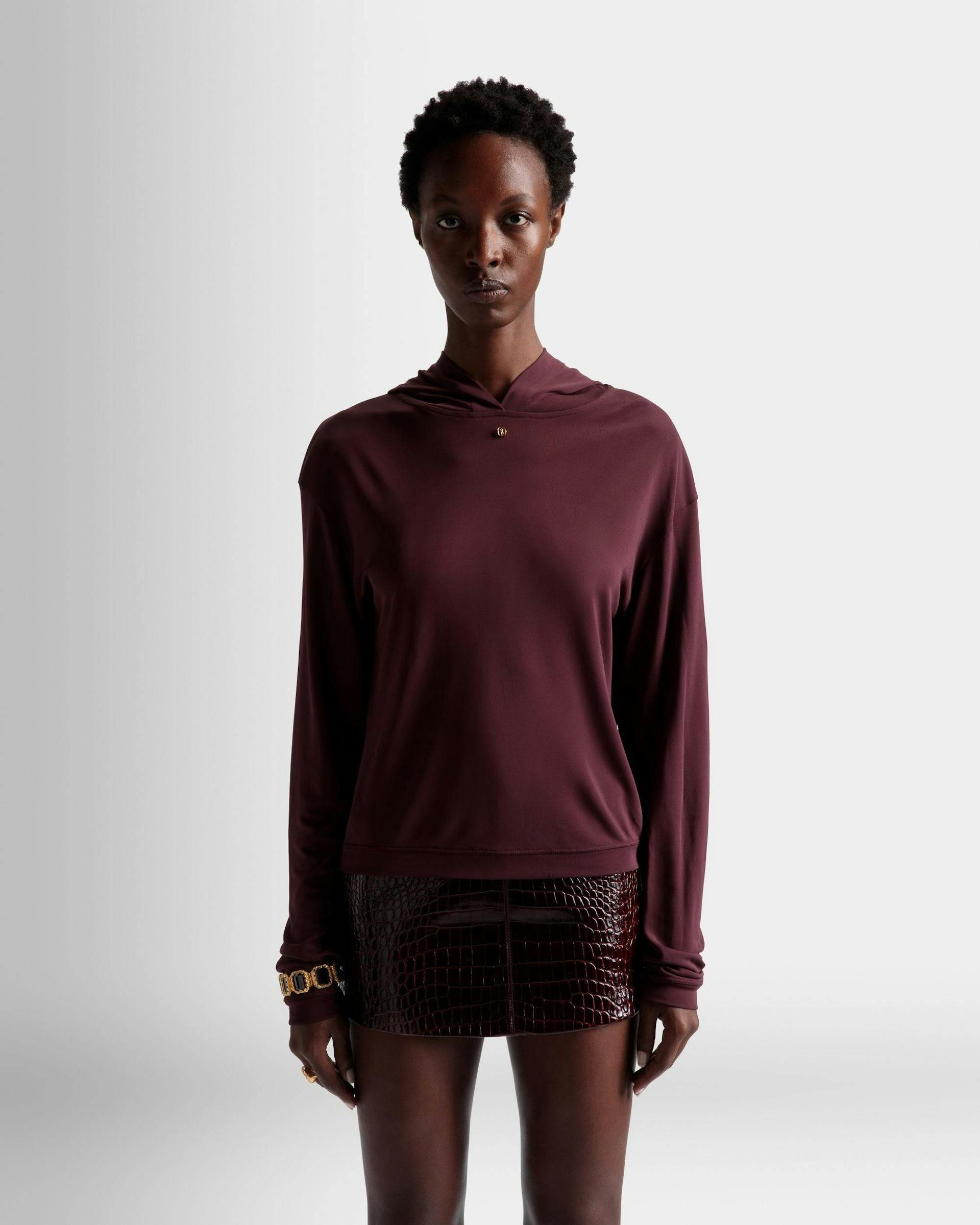 Women's Hooded Sweatshirt In Burgundy Fabric | Bally | On Model Close Up
