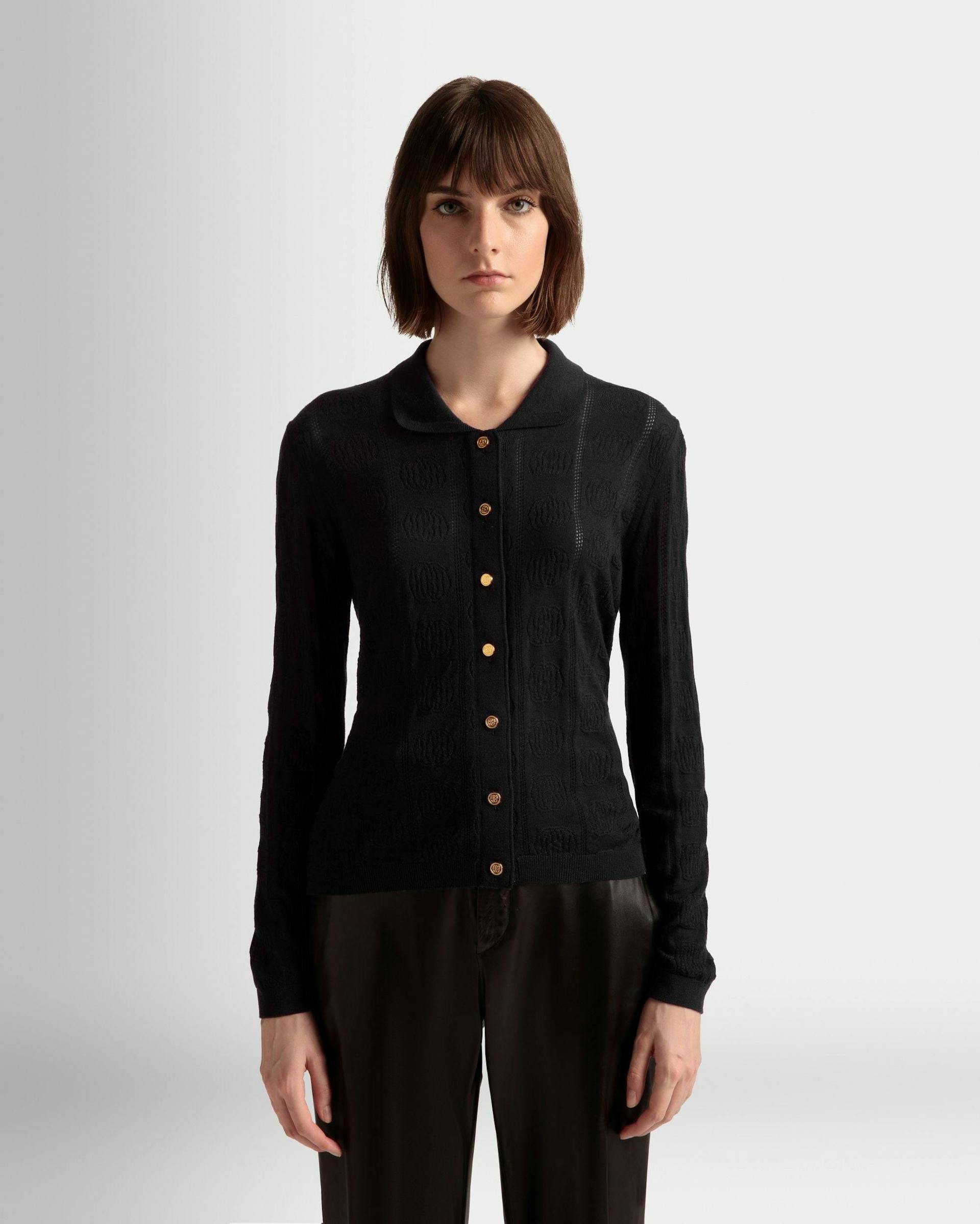 Women's Knit Detail Long Sleeve Polo In Black Wool | Bally | On Model Close Up
