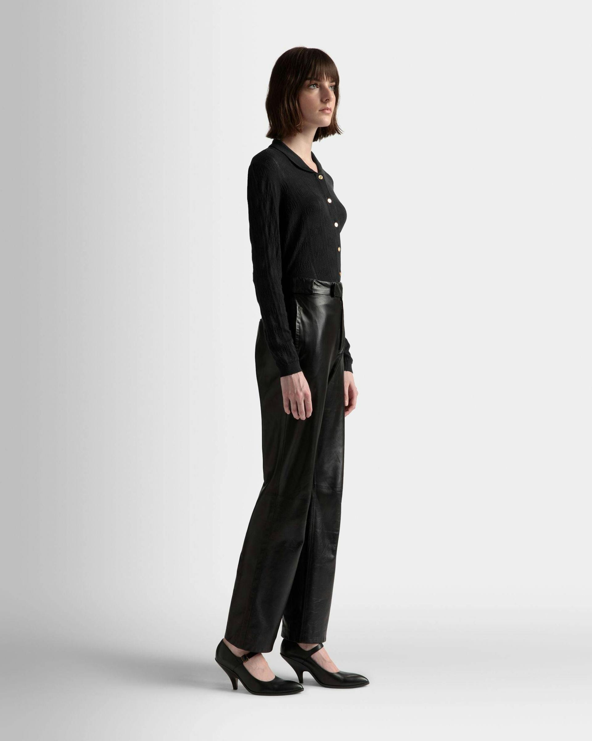 Women's Knit Detail Long Sleeve Polo In Black Wool | Bally | On Model 3/4 Front