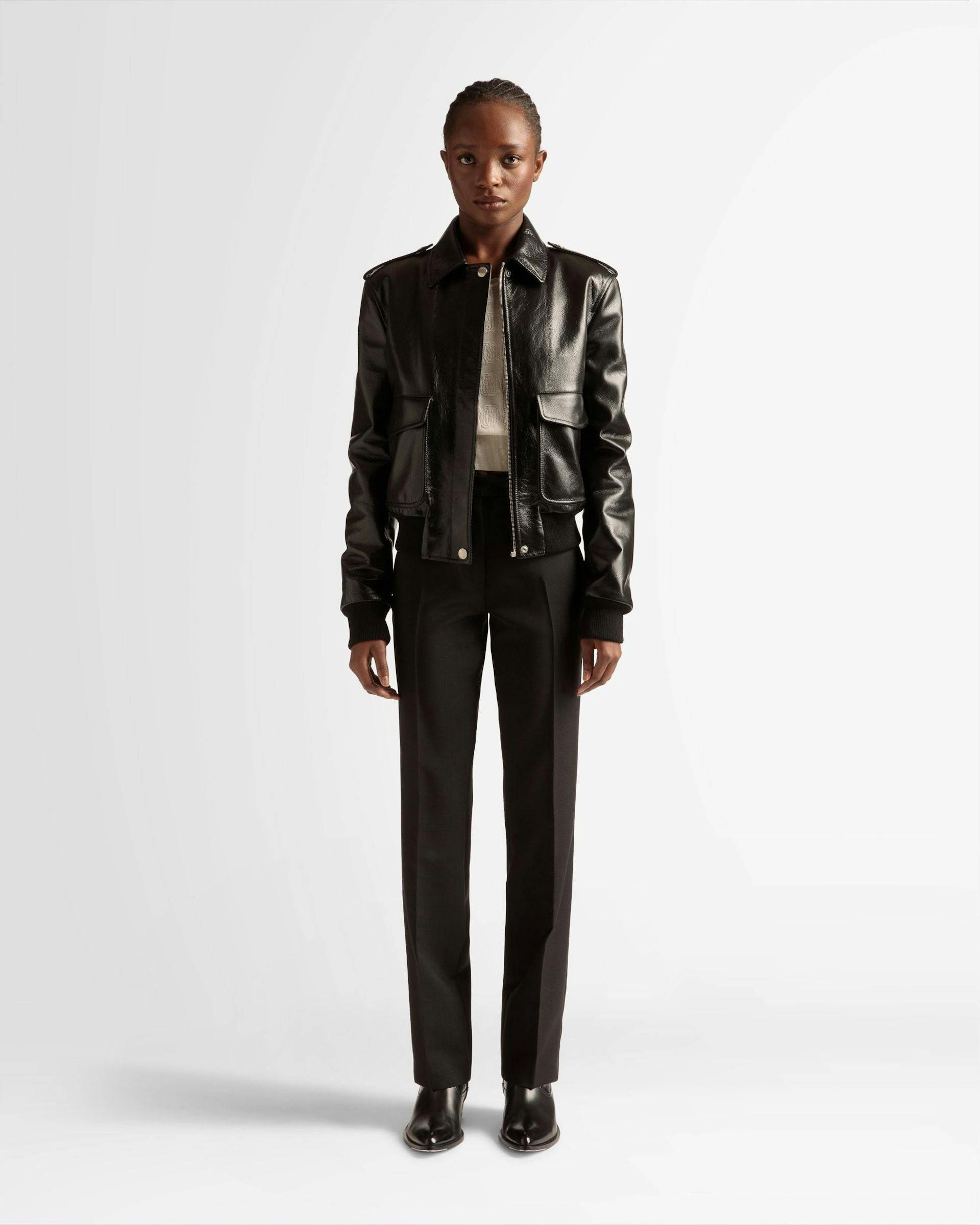 Women's Bomber Jacket In Black Leather | Bally | On Model Front