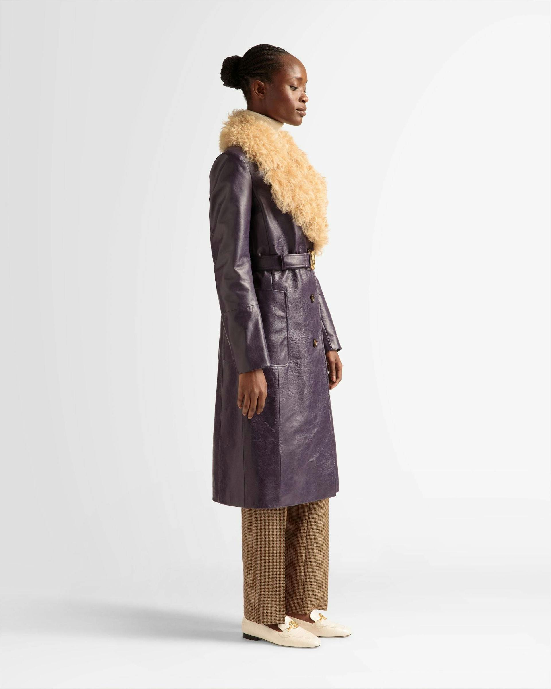 Women's Fur Collar Coat In Orchid Leather | Bally | On Model 3/4 Front