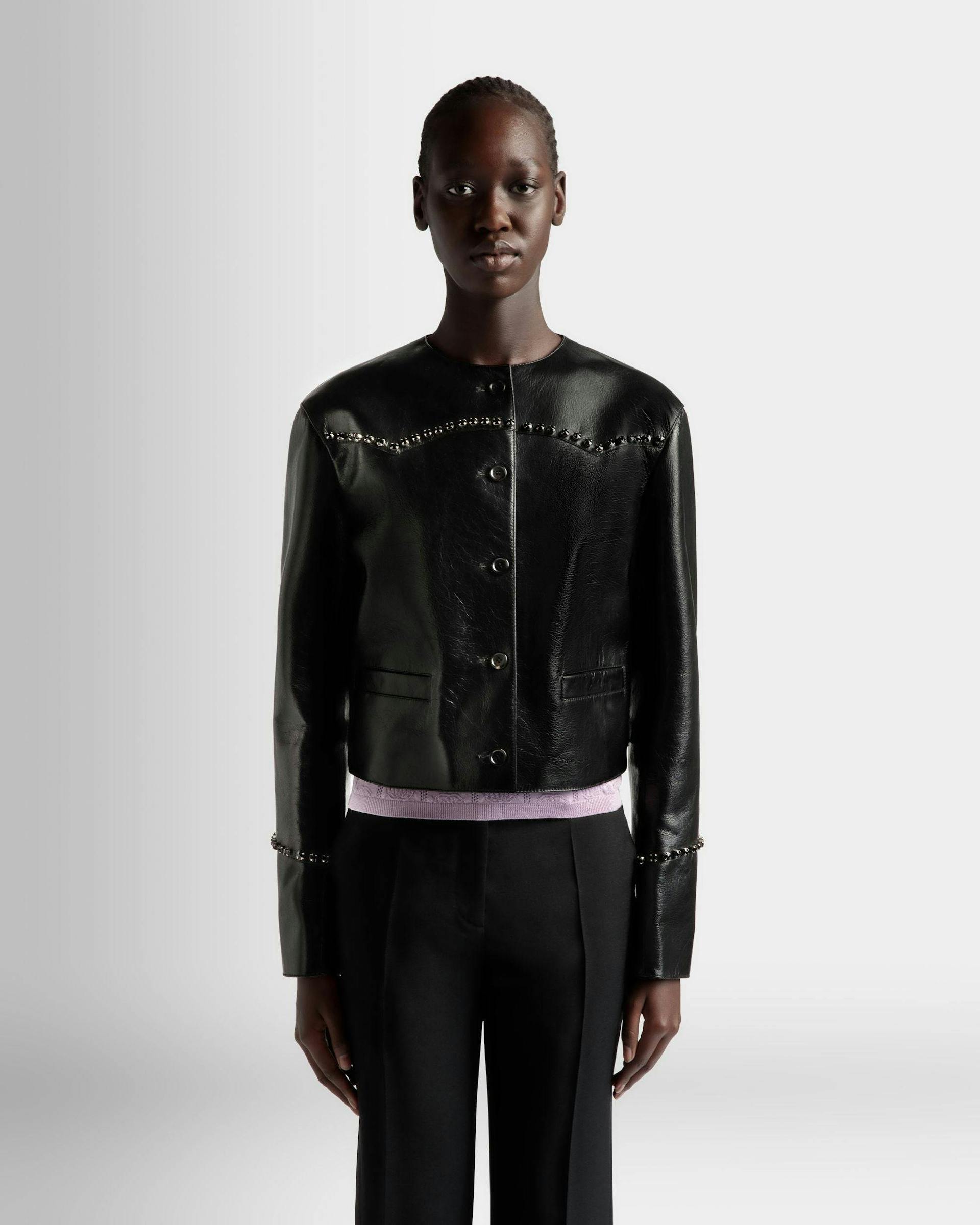 Women's Jacket in Black Leather | Bally | On Model Close Up