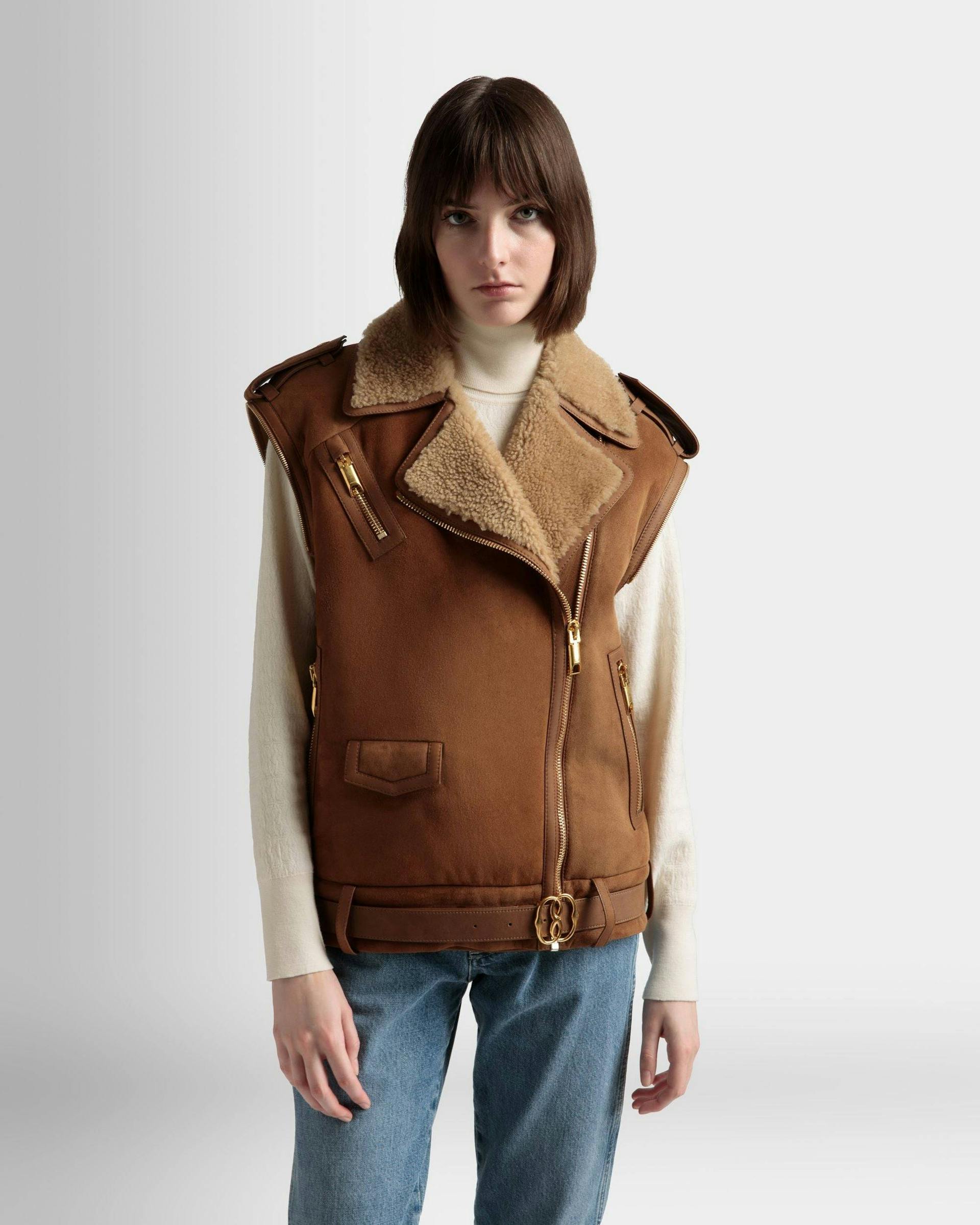 Women's Double-Breasted Shearling Jacket In Brown Suede | Bally | On Model Close Up