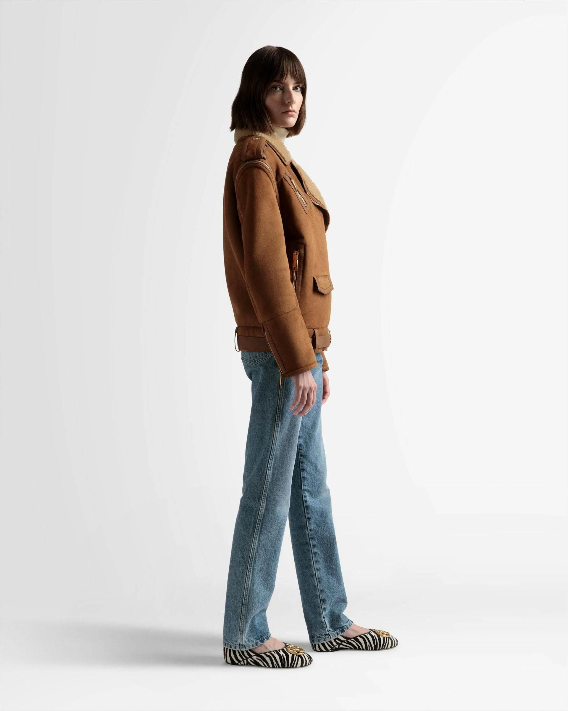 Women's Double-Breasted Shearling Jacket In Brown Suede | Bally | On Model 3/4 Front
