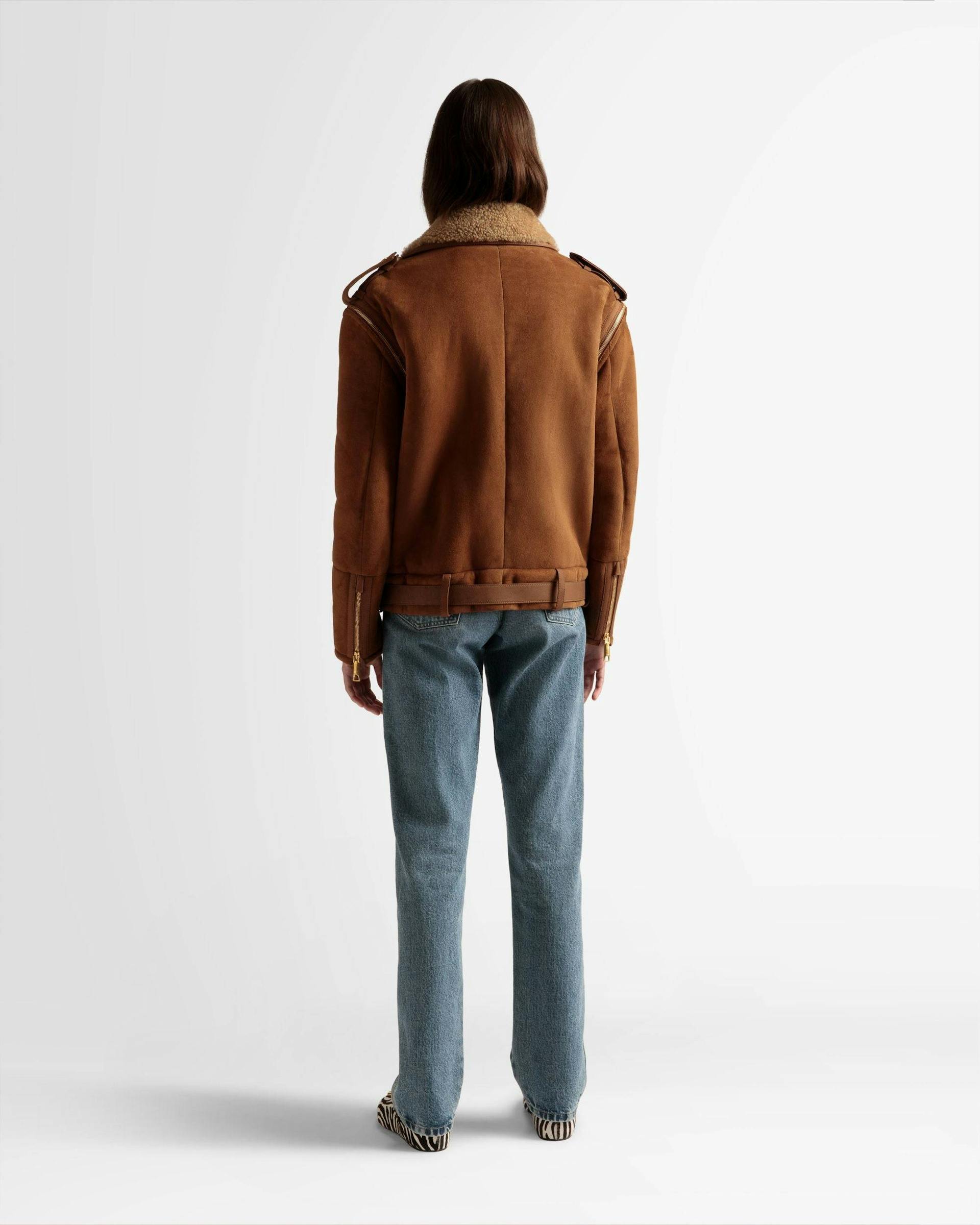 Women's Double-Breasted Shearling Jacket In Brown Suede | Bally | On Model Back