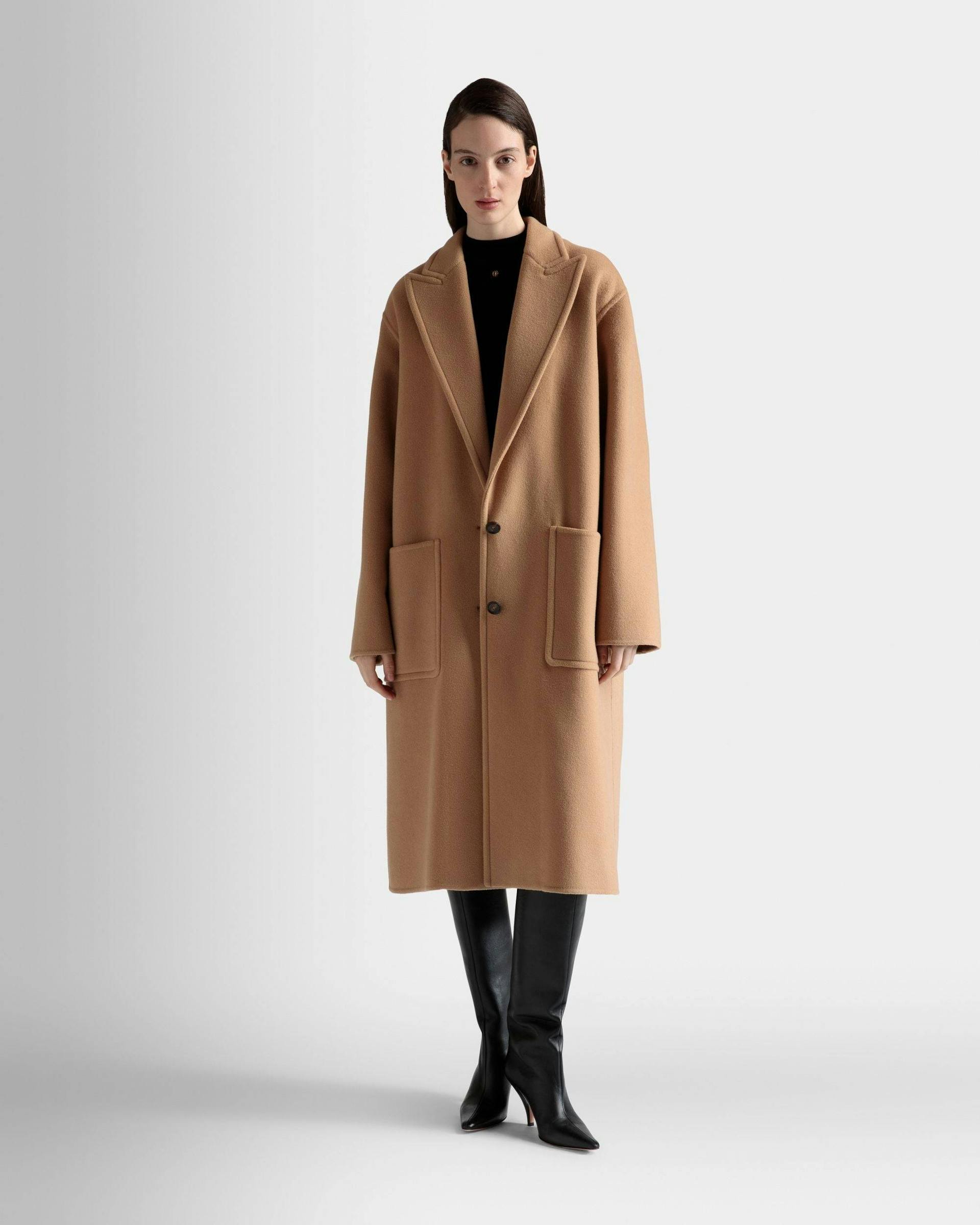 Women's Single-Breasted Coat In Camel Cashmere Wool Mix | Bally | On Model Front