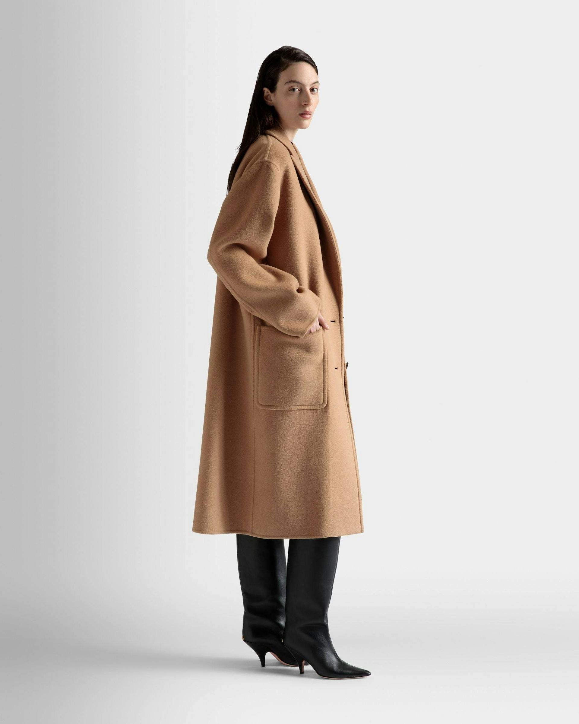 Women's Single-Breasted Coat In Camel Cashmere Wool Mix | Bally | On Model 3/4 Front
