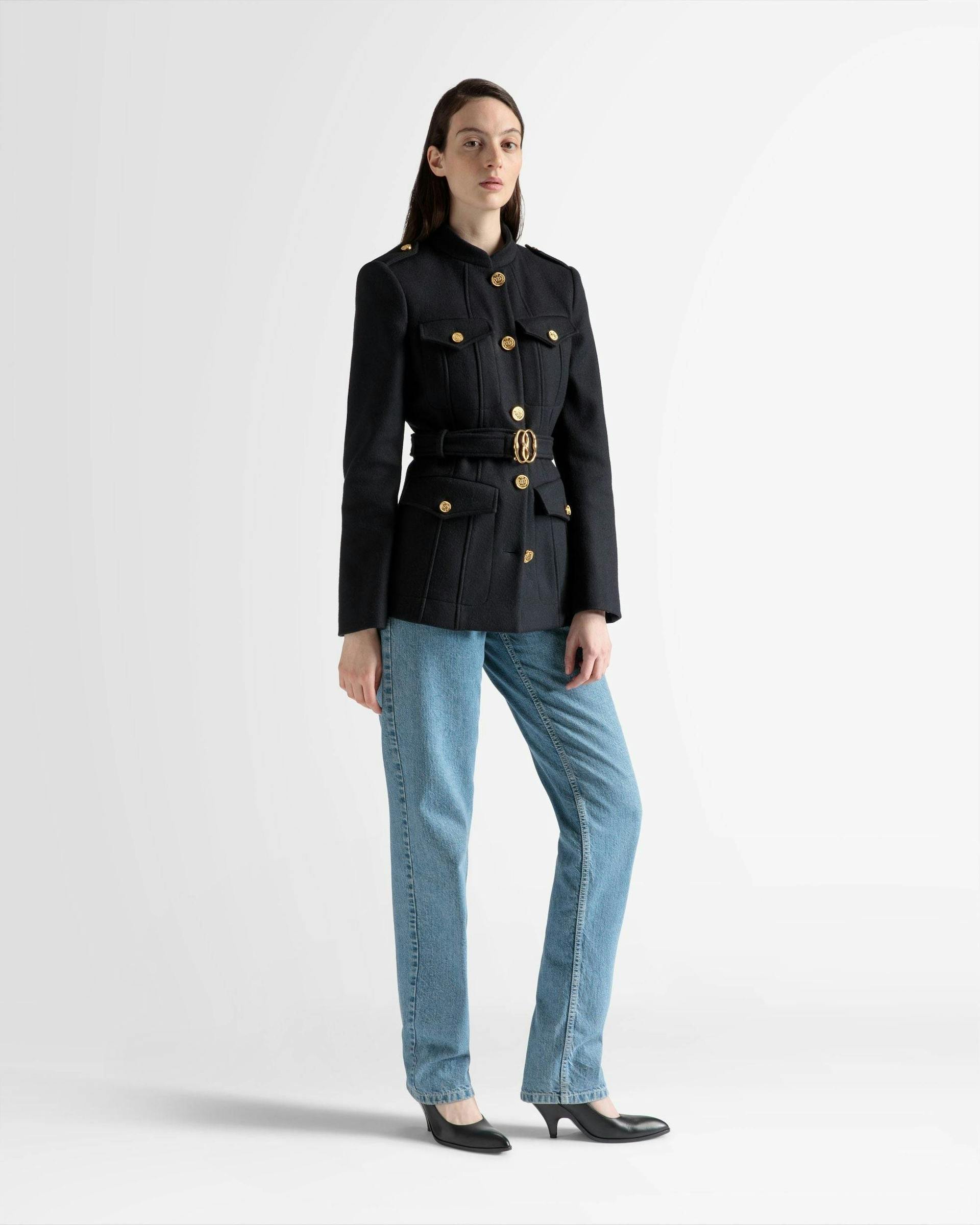Women's Belted Jacket In Navy Wool | Bally | On Model Front