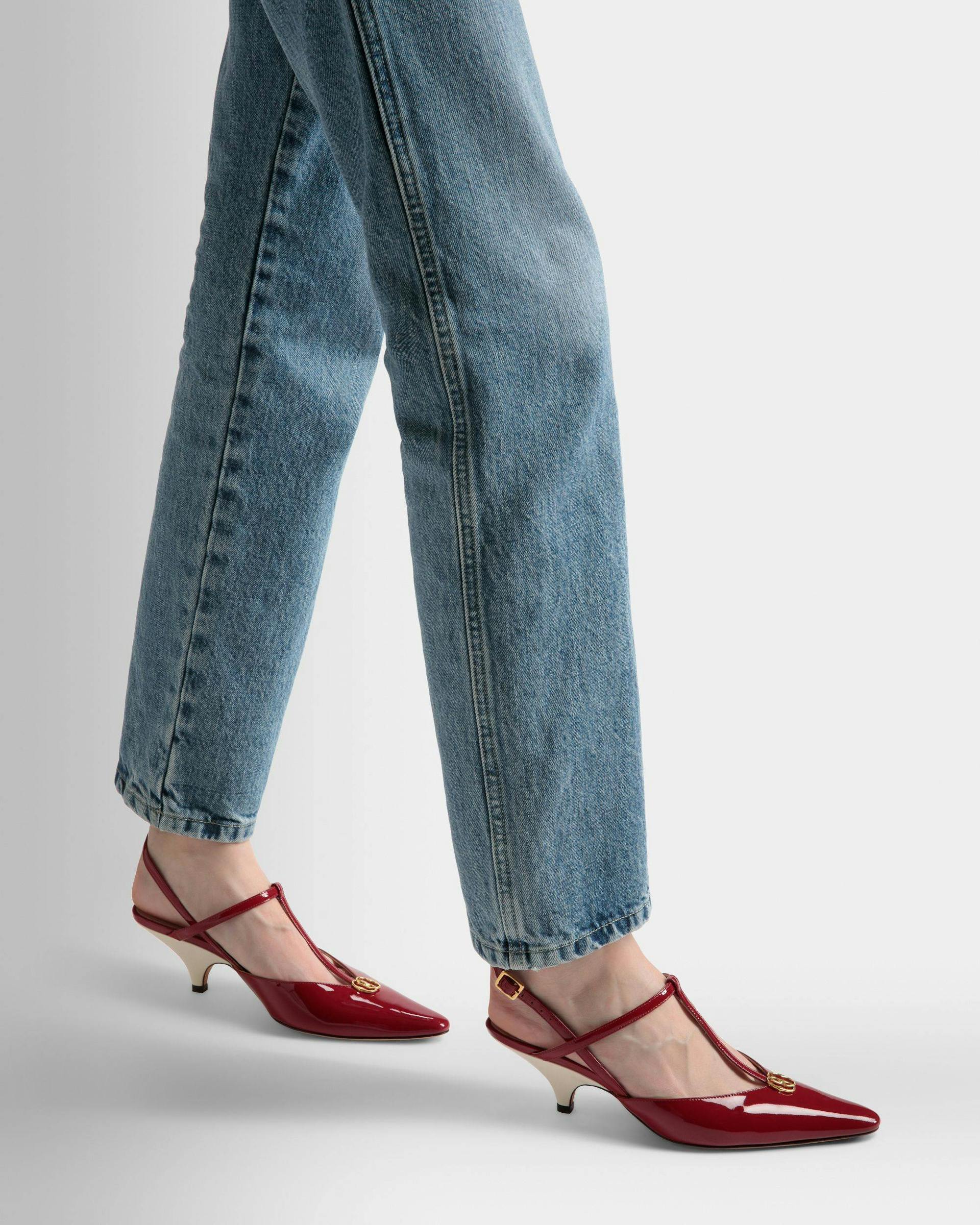 Women's Katy Sling Pump In Ruby Red And Bone Leather | Bally | On Model Close Up