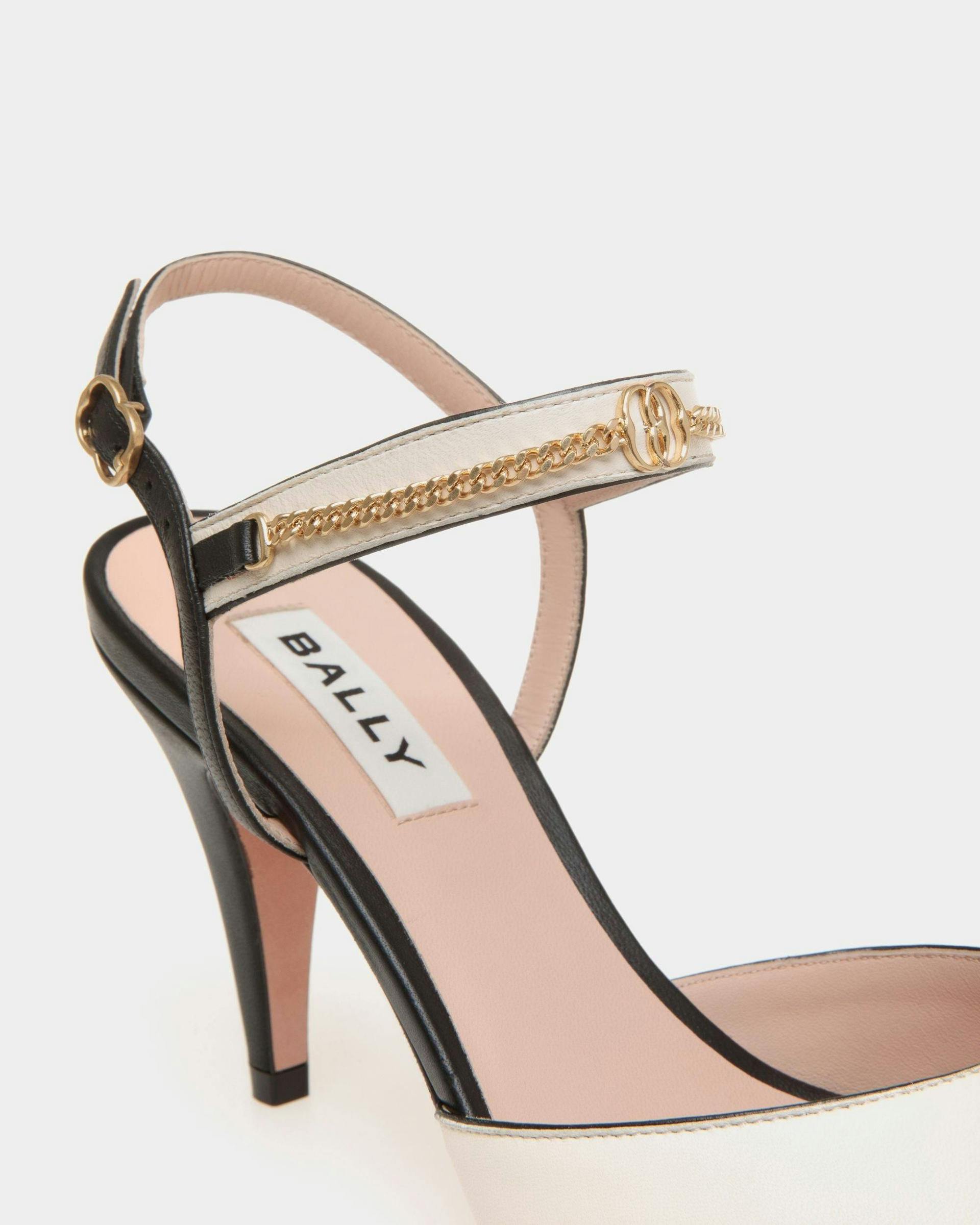 Women's Daily Emblem Heeled Sandal in Black and White Leather | Bally | Still Life Detail