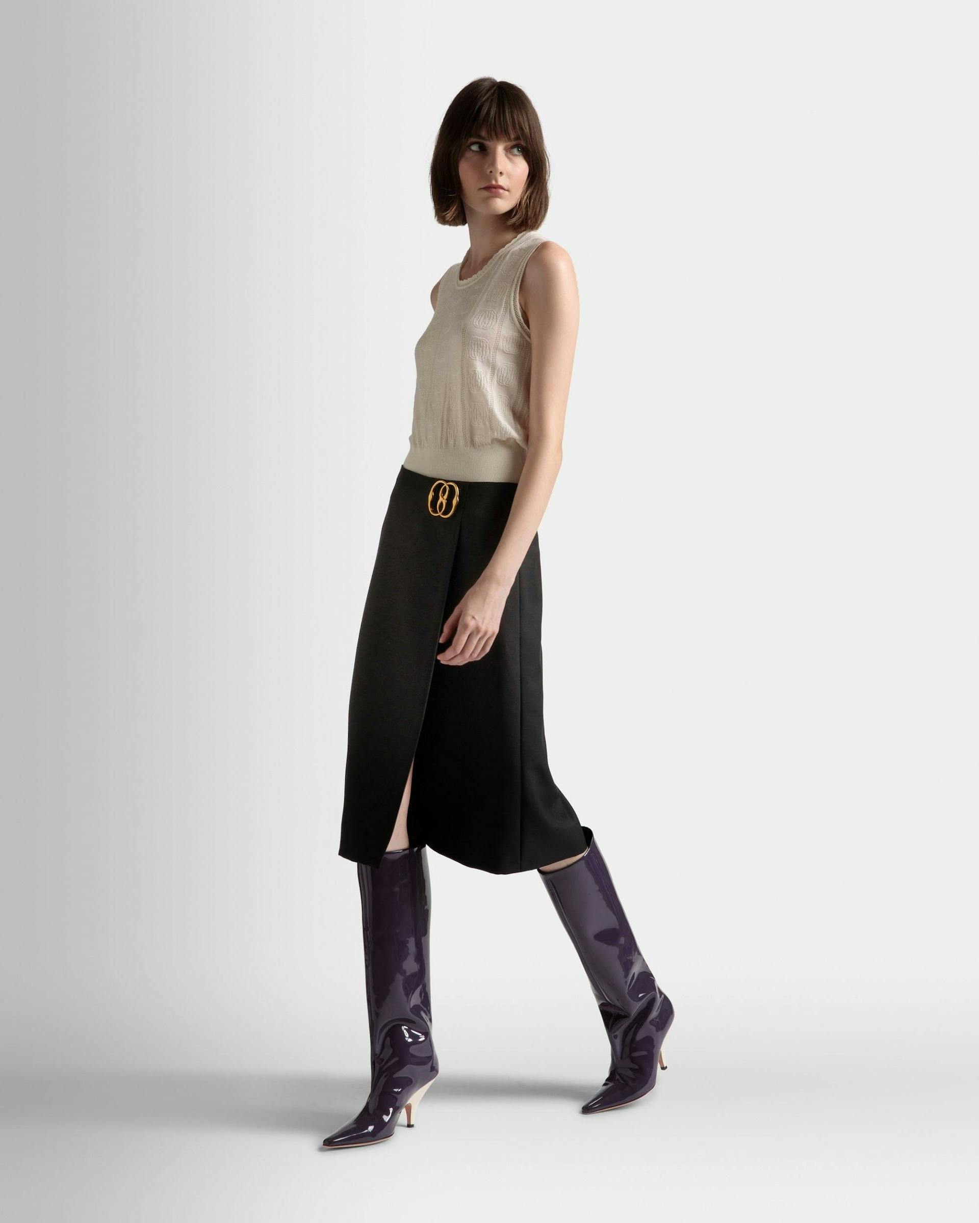 Women's Knee Length Wrap Skirt In Black Mohair Wool Mix | Bally | On Model Front
