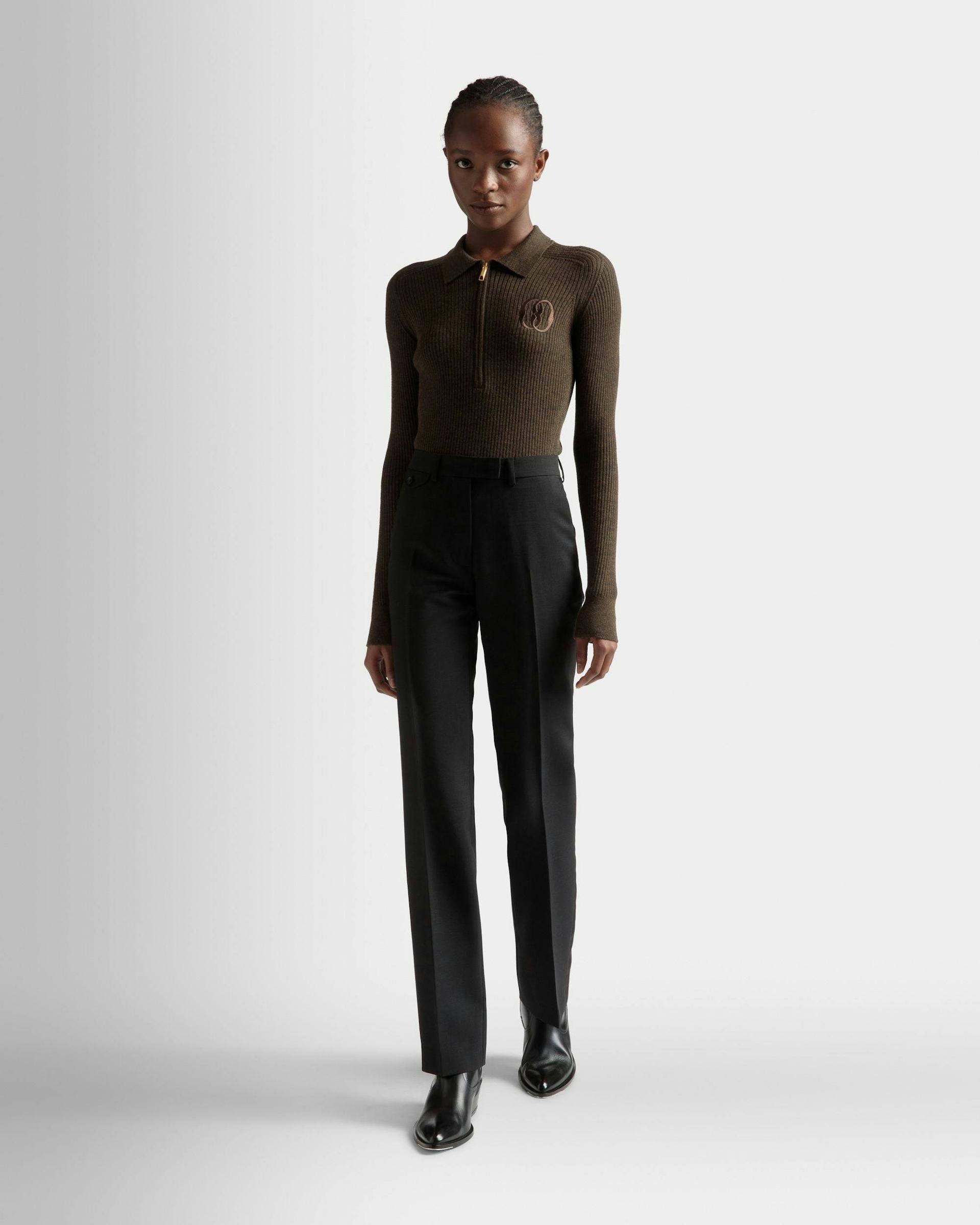 Women's Tailored Straight Leg Pants In Black Mohair Wool Mix | Bally | On Model Front