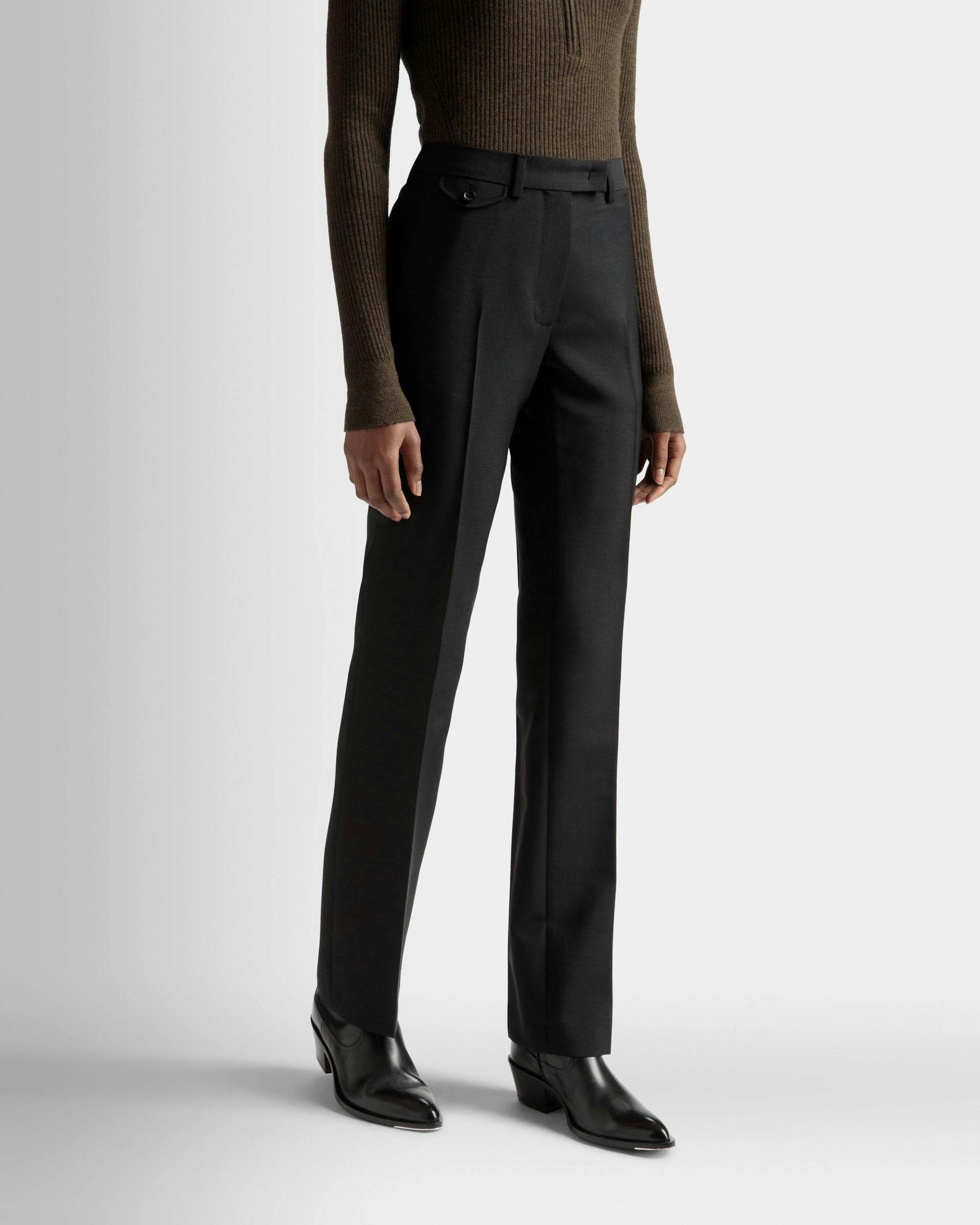 Women's Tailored Straight Leg Pants In Black Mohair Wool Mix | Bally | On Model Close Up