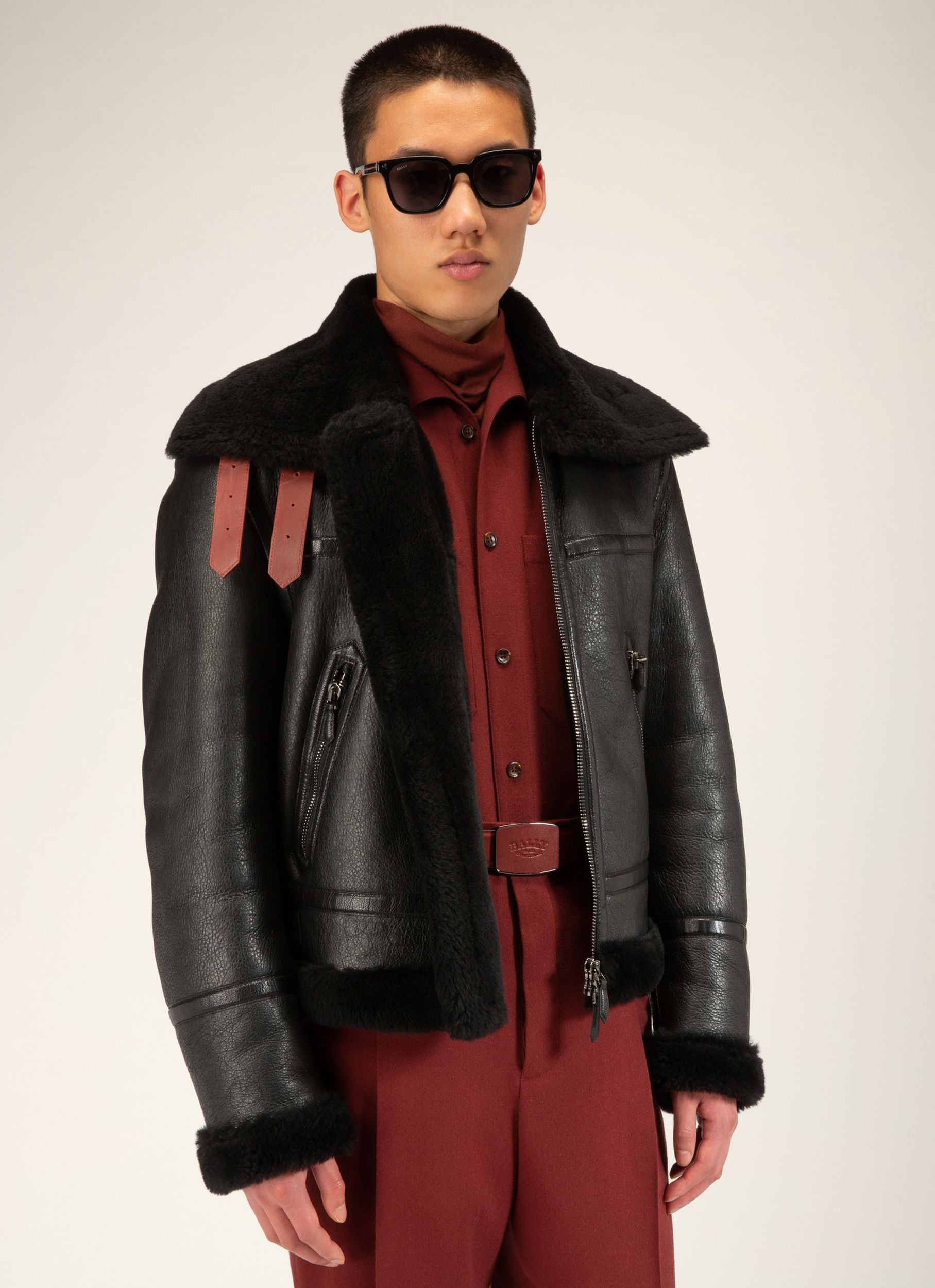 Veste Motard En Shearling Et Cuir Noir - Homme - Bally - 03