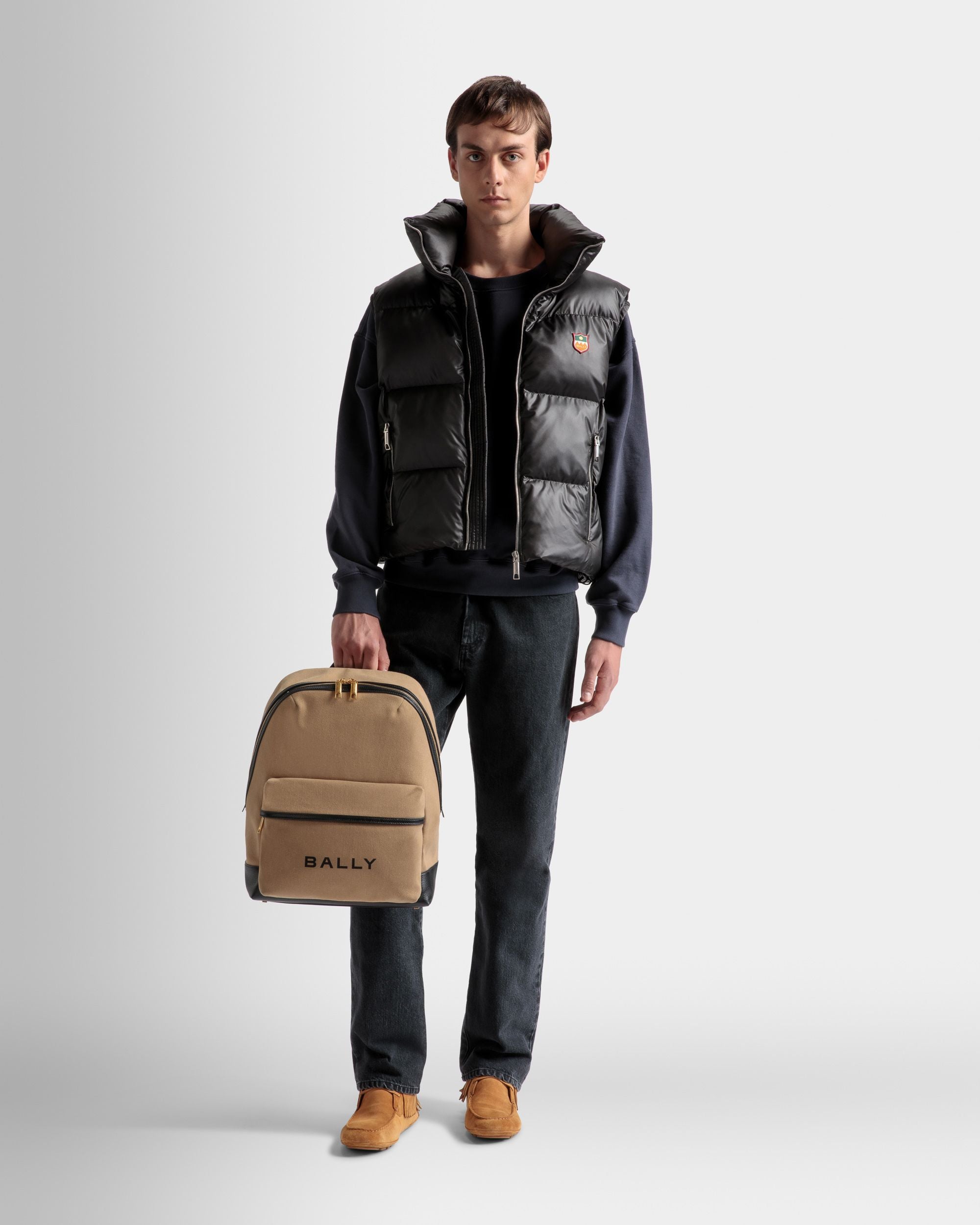 Sac à dos Bar En cuir et tissu désert et noir - Homme - Bally - 02