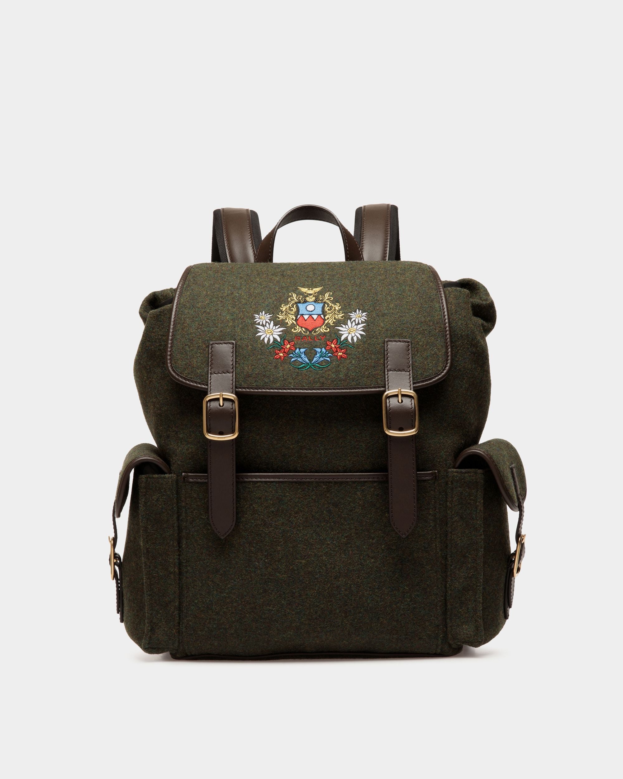 Sac À Dos De La Capsule D’hiver En Laine Vert Foncé Et En Cuir Ebano Orné De Fleurs Des Alpes - Homme - Bally - 01
