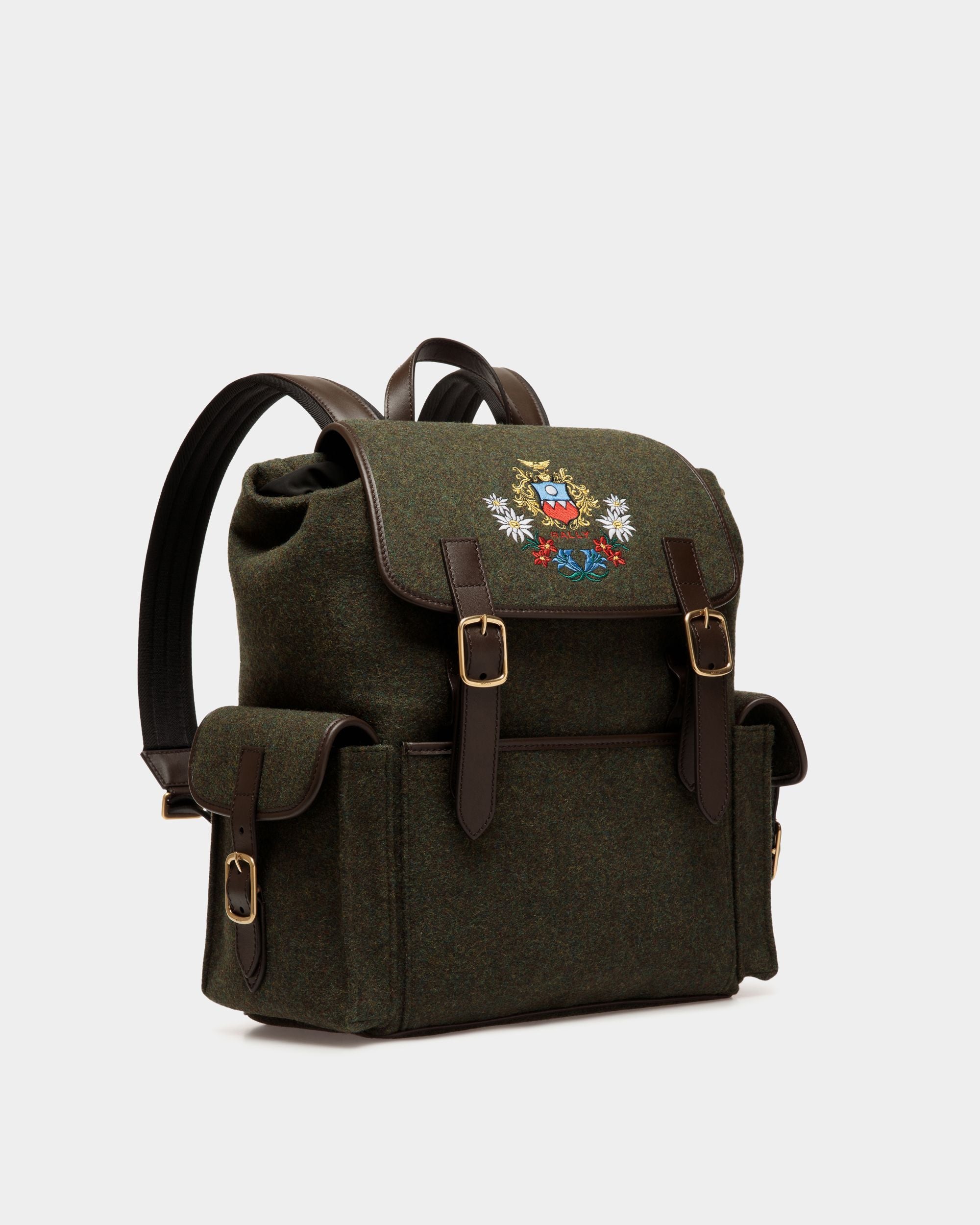 Sac À Dos De La Capsule D’hiver En Laine Vert Foncé Et En Cuir Ebano Orné De Fleurs Des Alpes - Homme - Bally - 03
