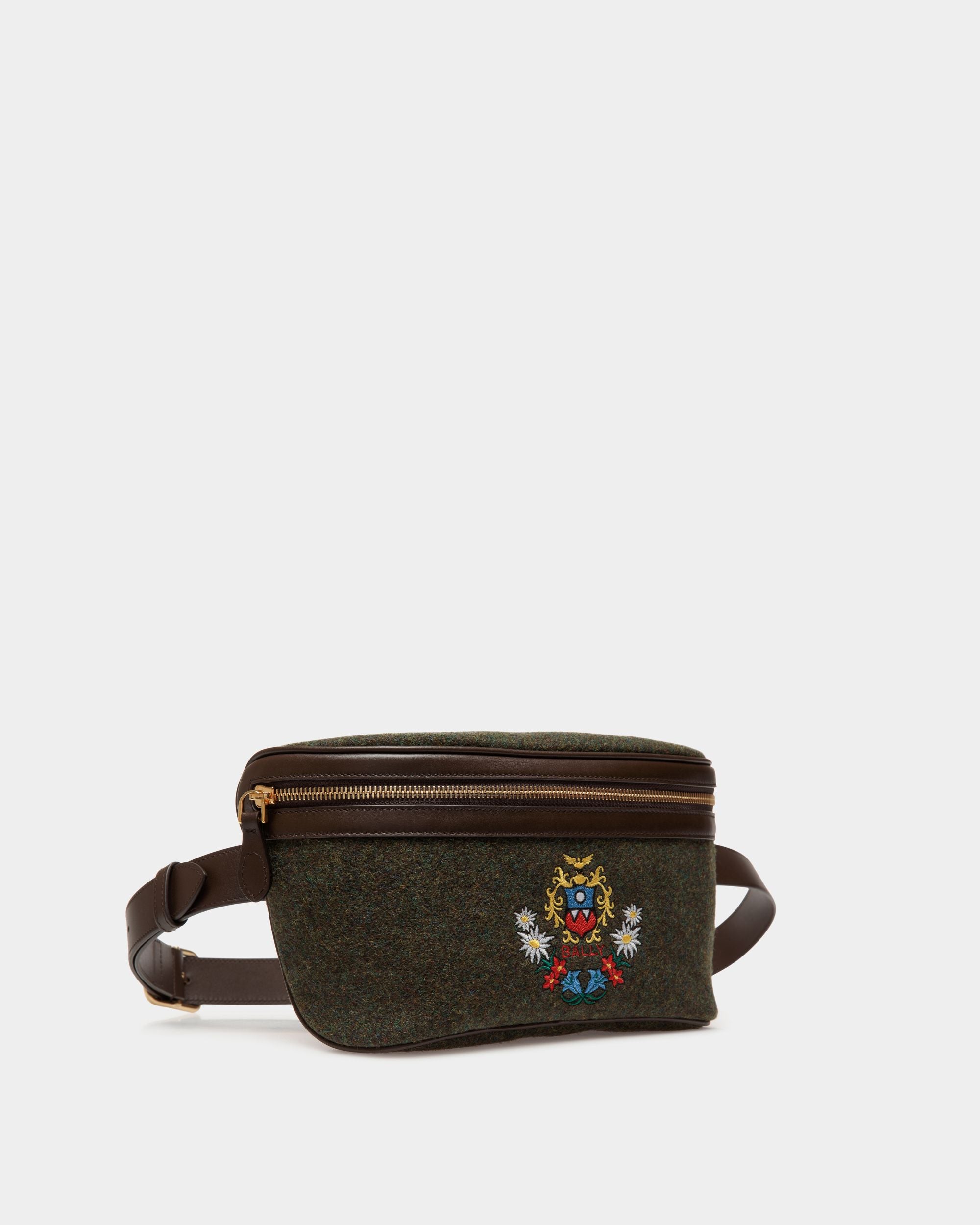 Sac Banane De La Capsule D'hiver En Laine Vert Foncé Et En Cuir Ebano Orné De Fleurs Des Alpes - Homme - Bally - 03