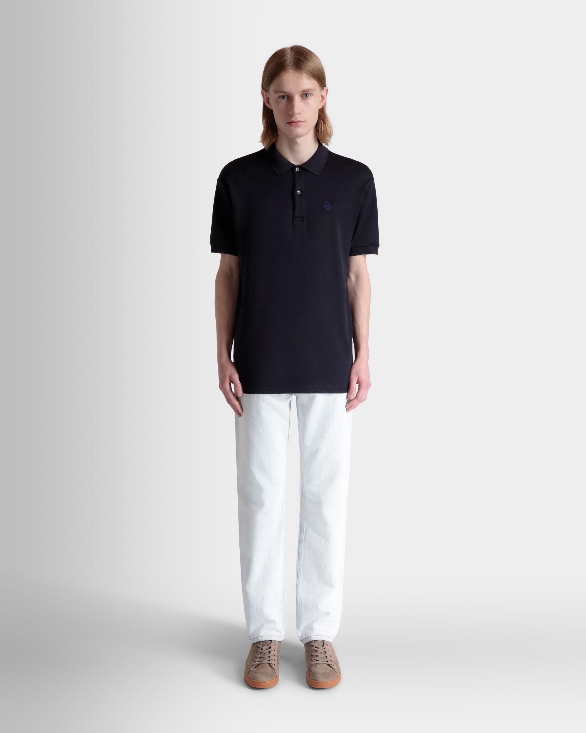 Polo À Manches Courtes En Mélange De Coton Et De Soie Navy Blue Orné D’un Logo Bally Crest - Homme - Bally - 02