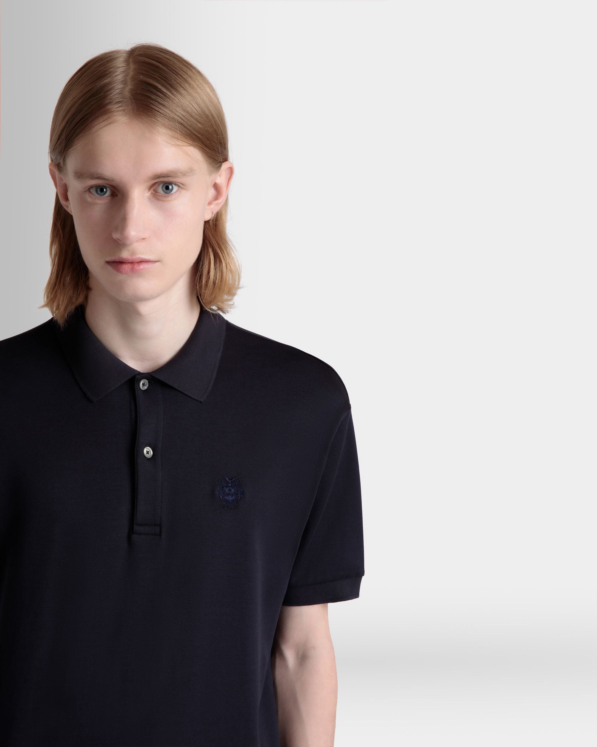 Polo À Manches Courtes En Mélange De Coton Et De Soie Navy Blue Orné D’un Logo Bally Crest - Homme - Bally - 03