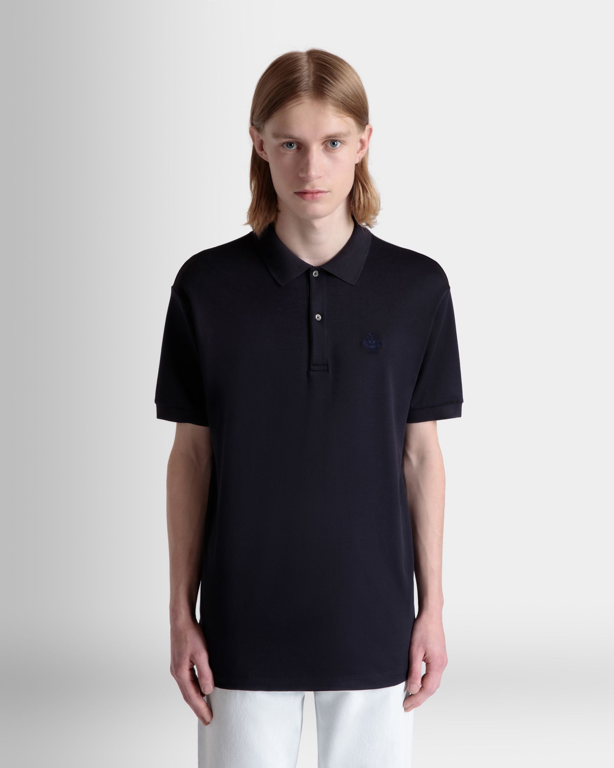 Polo À Manches Courtes En Mélange De Coton Et De Soie Navy Blue Orné D’un Logo Bally Crest - Homme - Bally - 09