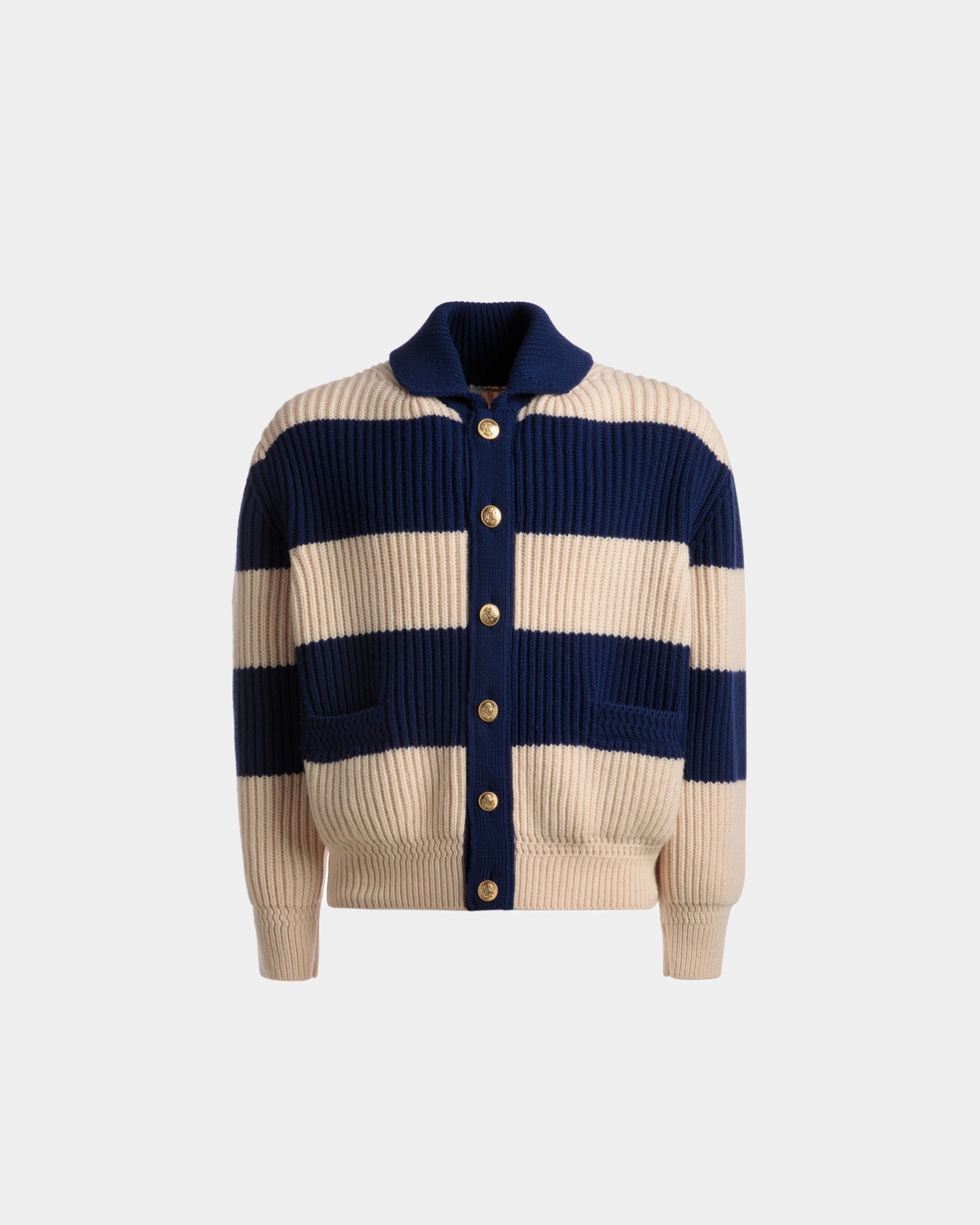 Cardigan À Rayures En Laine Ivoire Et Bleu Marine - Homme - Bally - 01